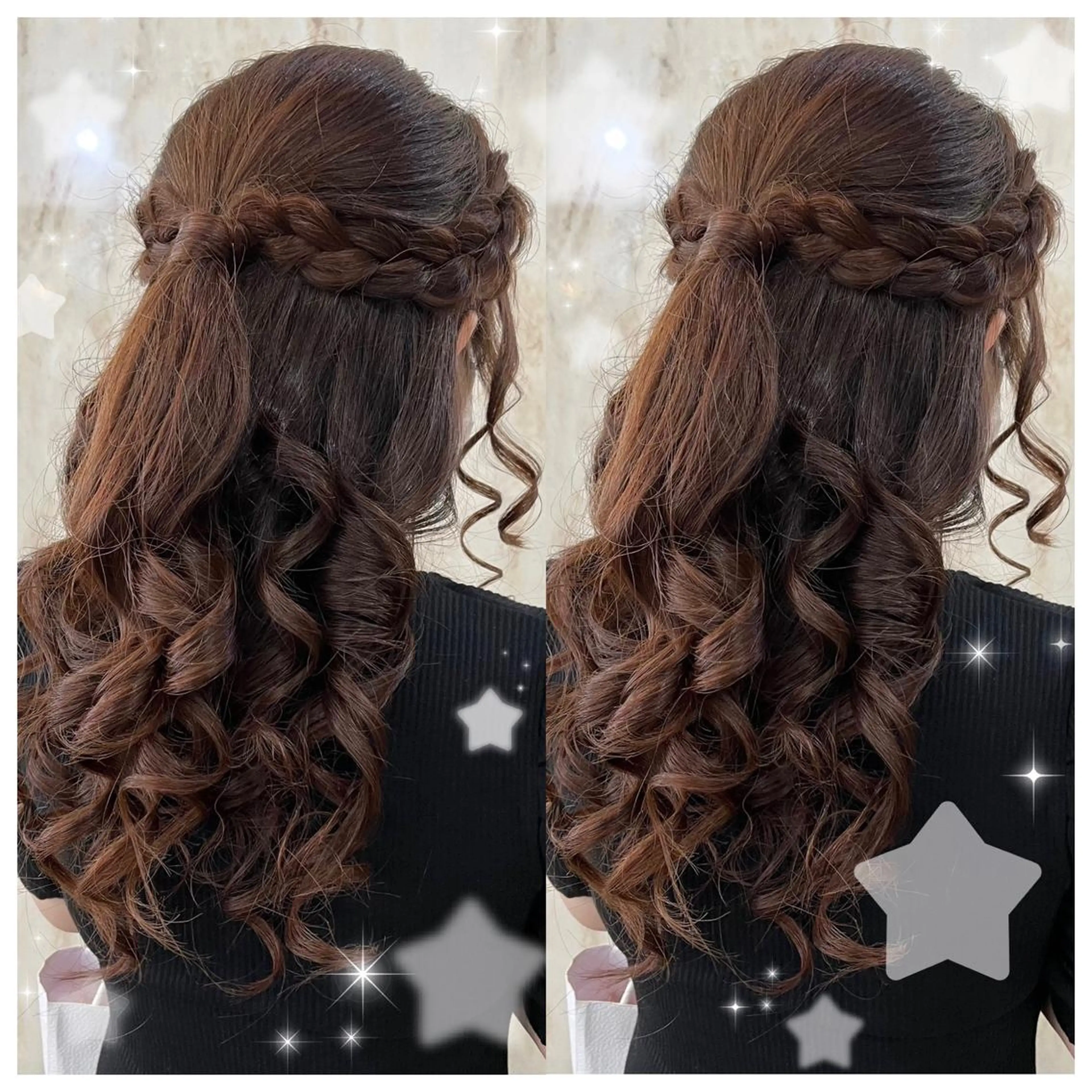 ミディアム カラー ヘアアレンジ ハーフアップ 結婚式・ブライダル シールエクステ バレイヤージュ 黒髪 セキグチ💞 lilaのマツエク・マツパデザイン