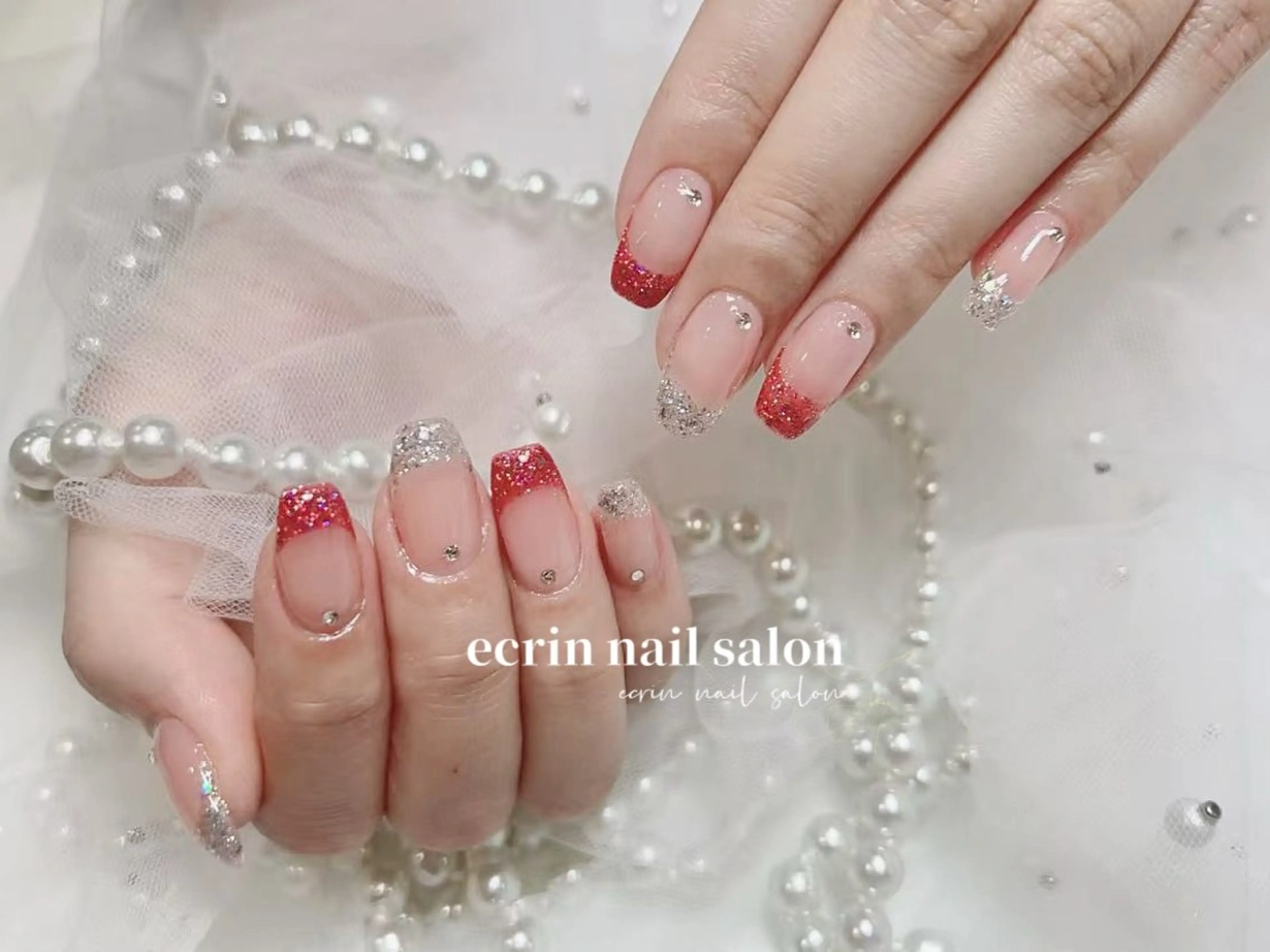 ネイル フレンチネイル キラキラネイル 韓国ネイル ハンドネイル ハンドケア ecrin nail 錦糸町(るい)のネイルデザイン