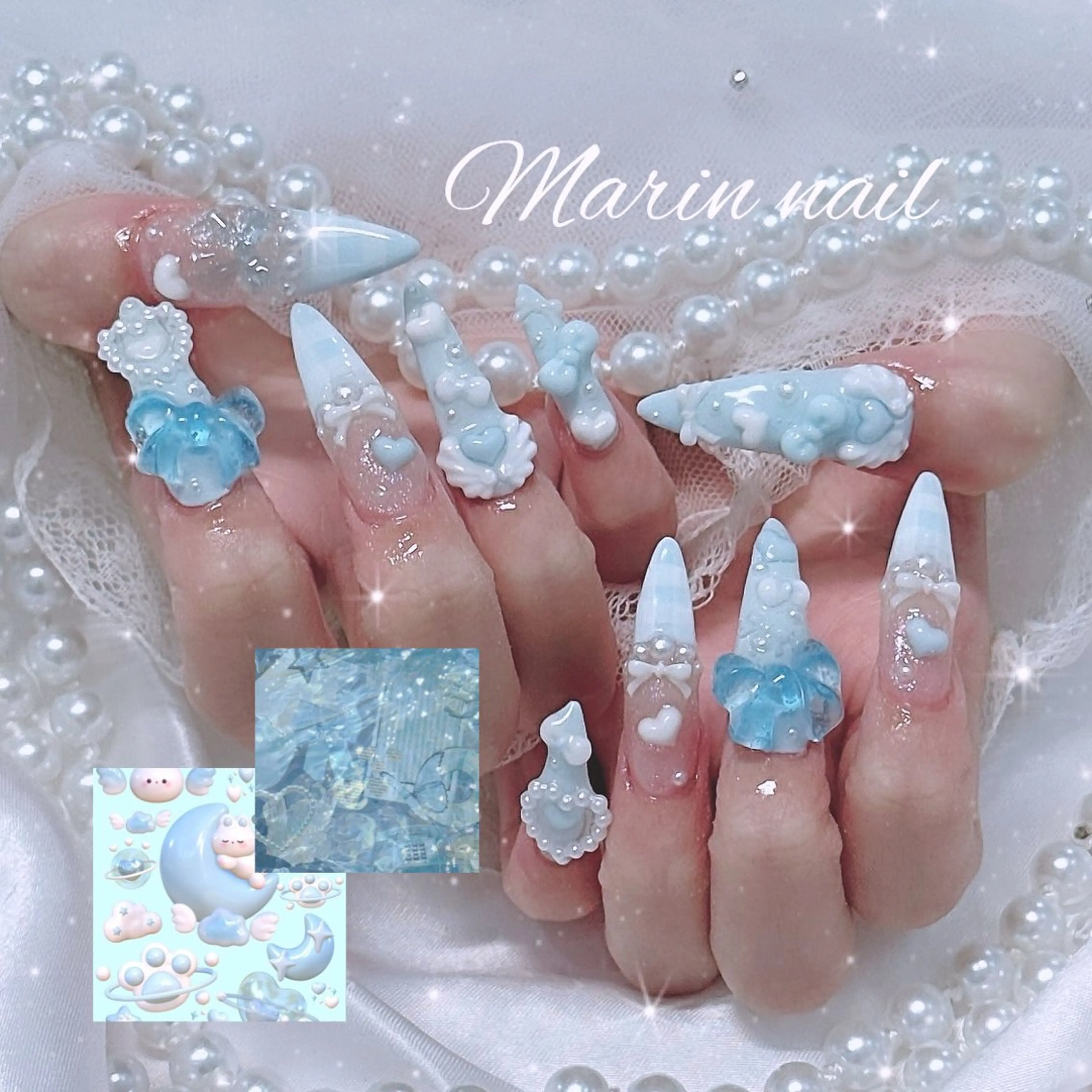 ネイル 長さ出し 水色 ハンドネイル Marin nailのネイルデザイン
