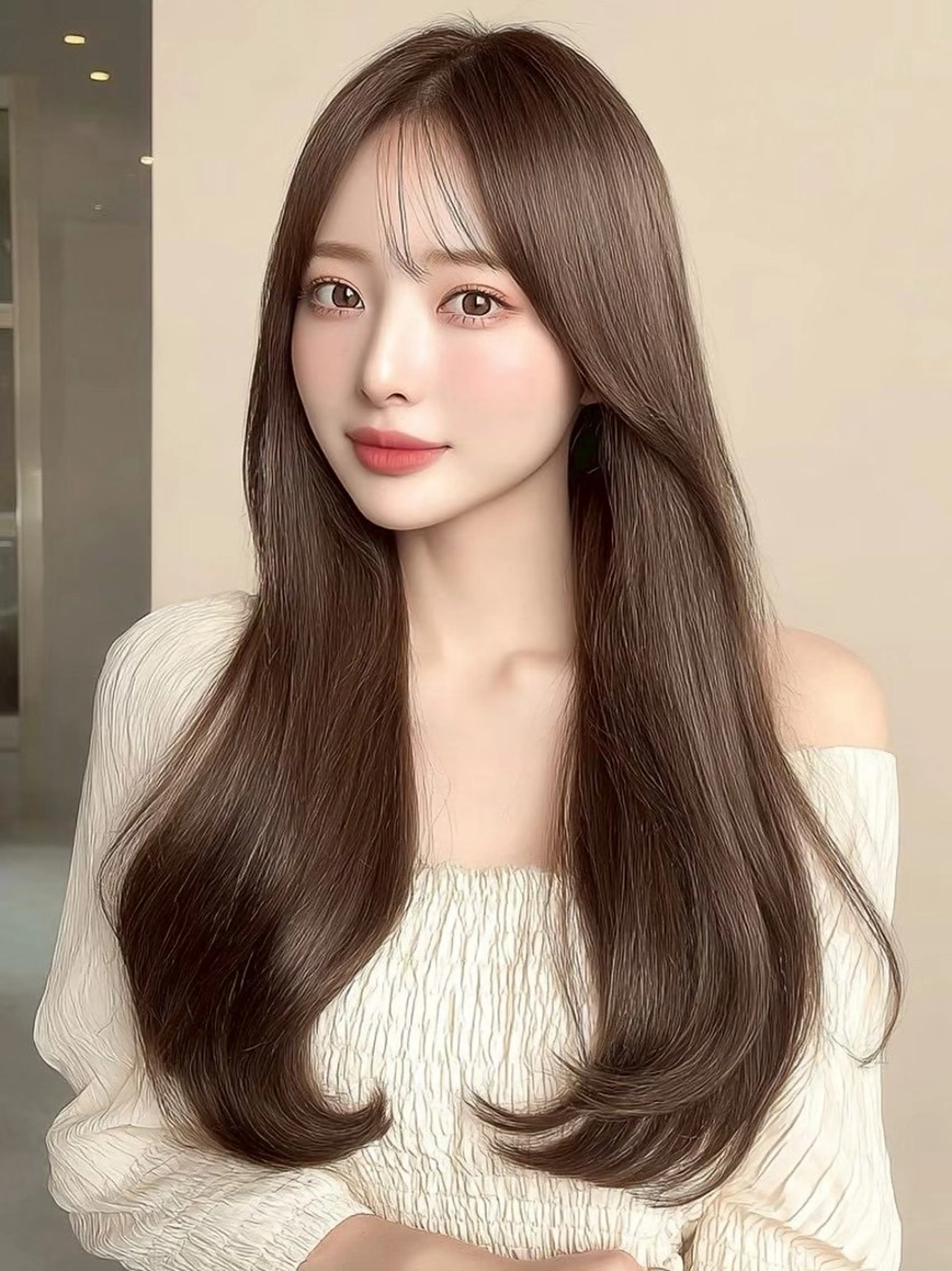 ロング ボブ 顔まわりレイヤー 韓国風ヘア レイヤーカット ウルフカット 岡田 望愛🫧のヘアスタイル