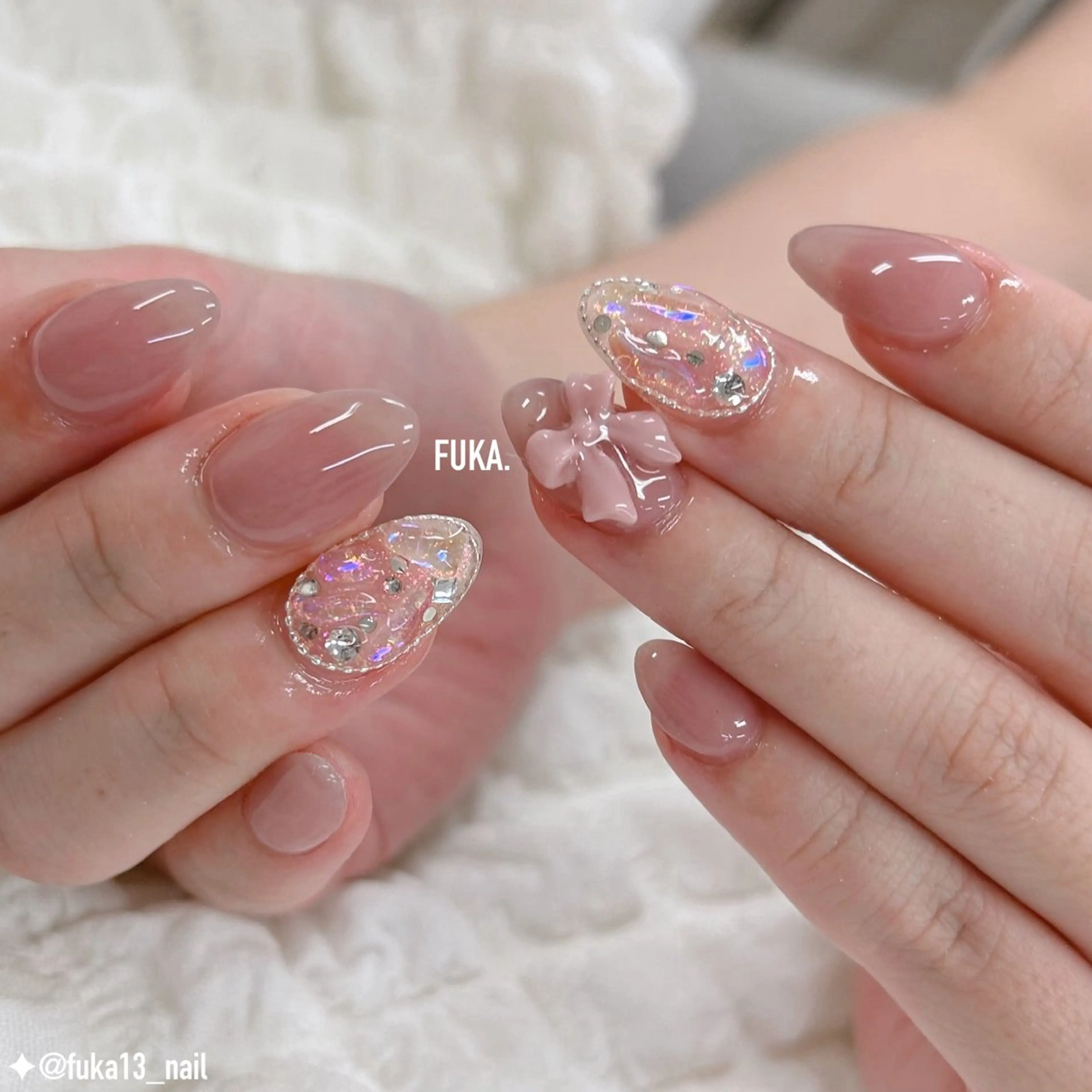 ネイル 韓国ネイル リボン ワンホンネイル ハンドネイル ネイルサロンAnela【アネラ】所属・Nail♡Fuka. /2月予約受付中のネイルデザイン