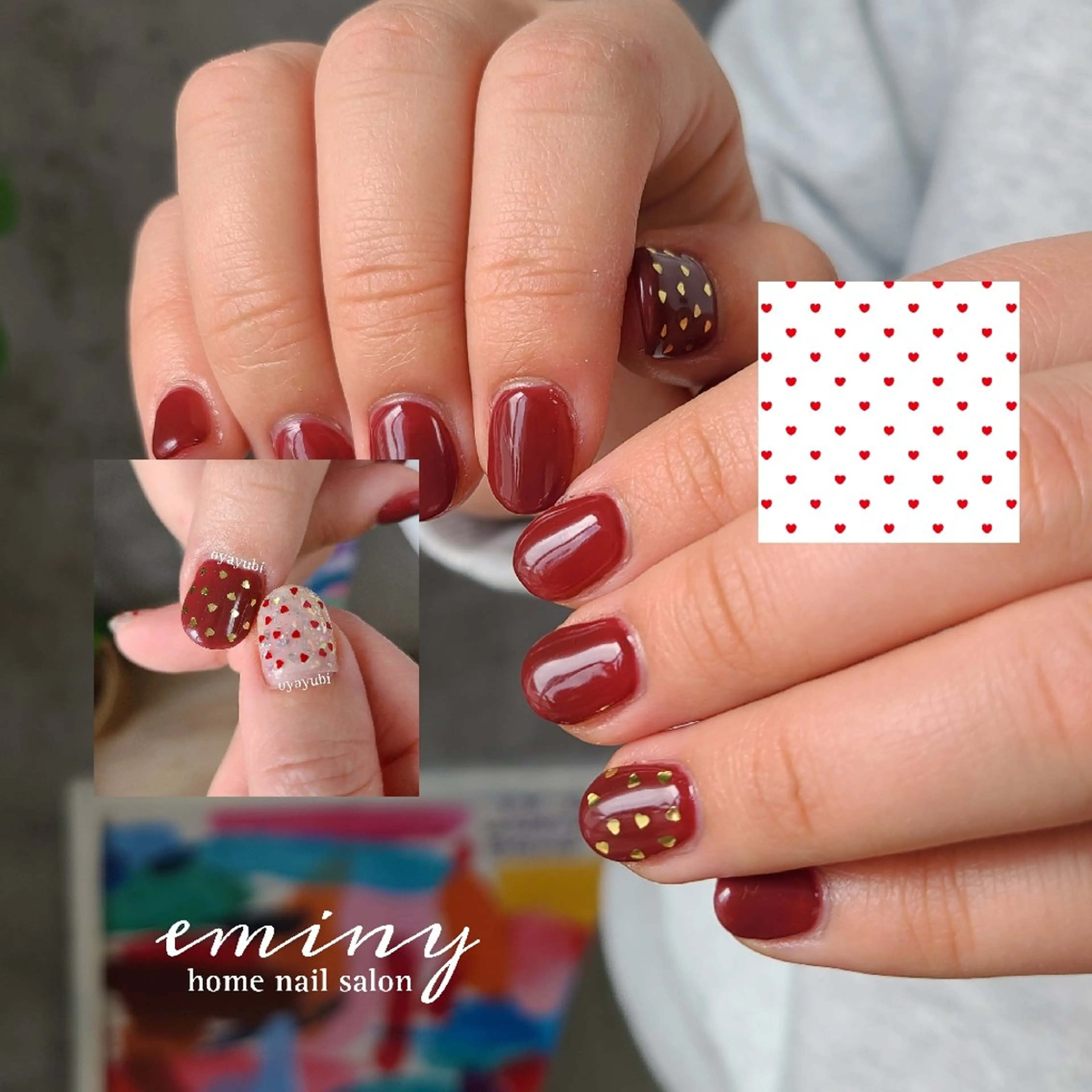 ネイル ボルドー ハート キラキラネイル ショートネイル シンプルネイル ハンドネイル nail salon  eminyのネイルデザイン