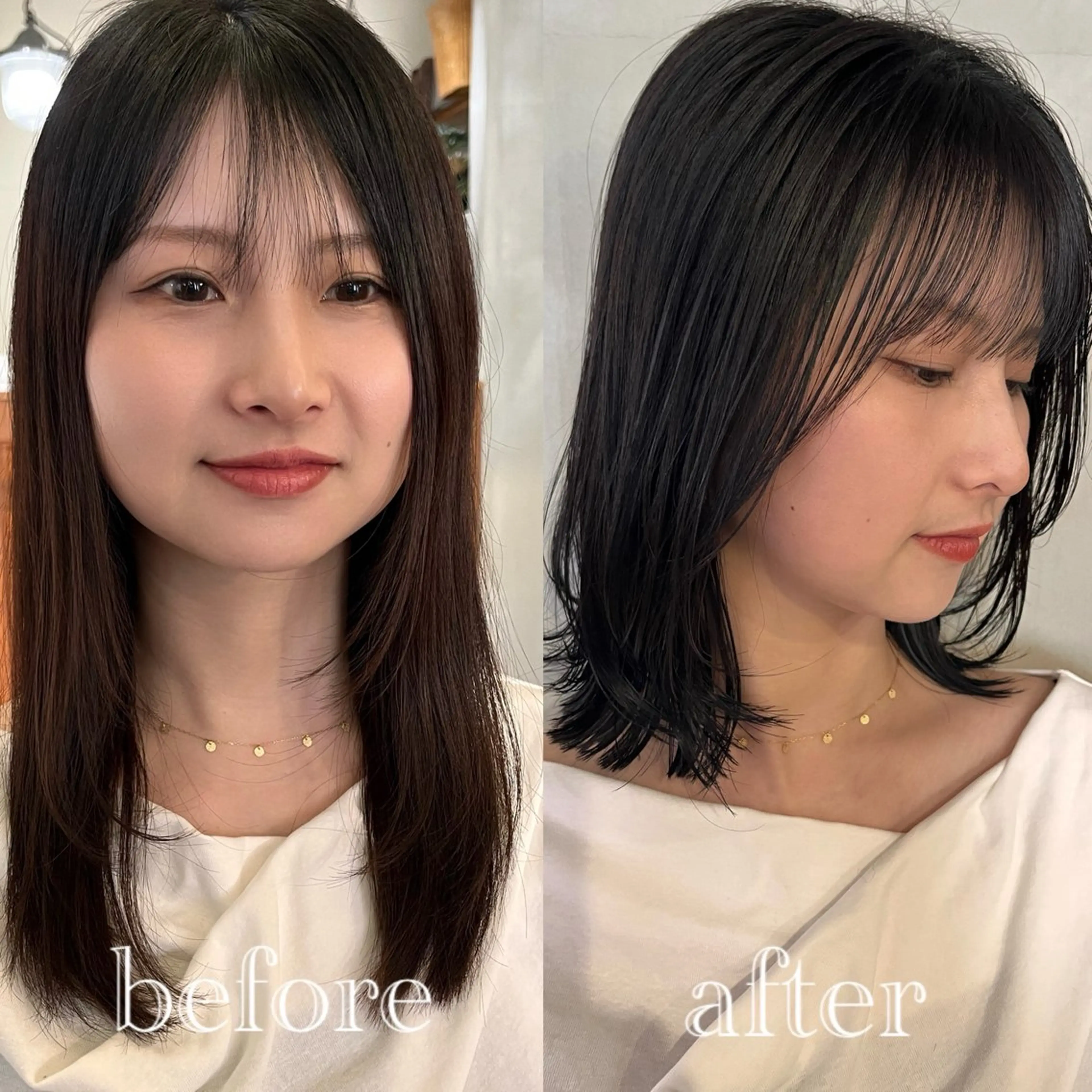 ミディアム カラー くびれヘア 顔まわりレイヤー レイヤーカット 小顔カット カット ヘアカラー 薬院:今泉/上川美幸 小顔ボブ/暗髪カラーのヘアスタイル