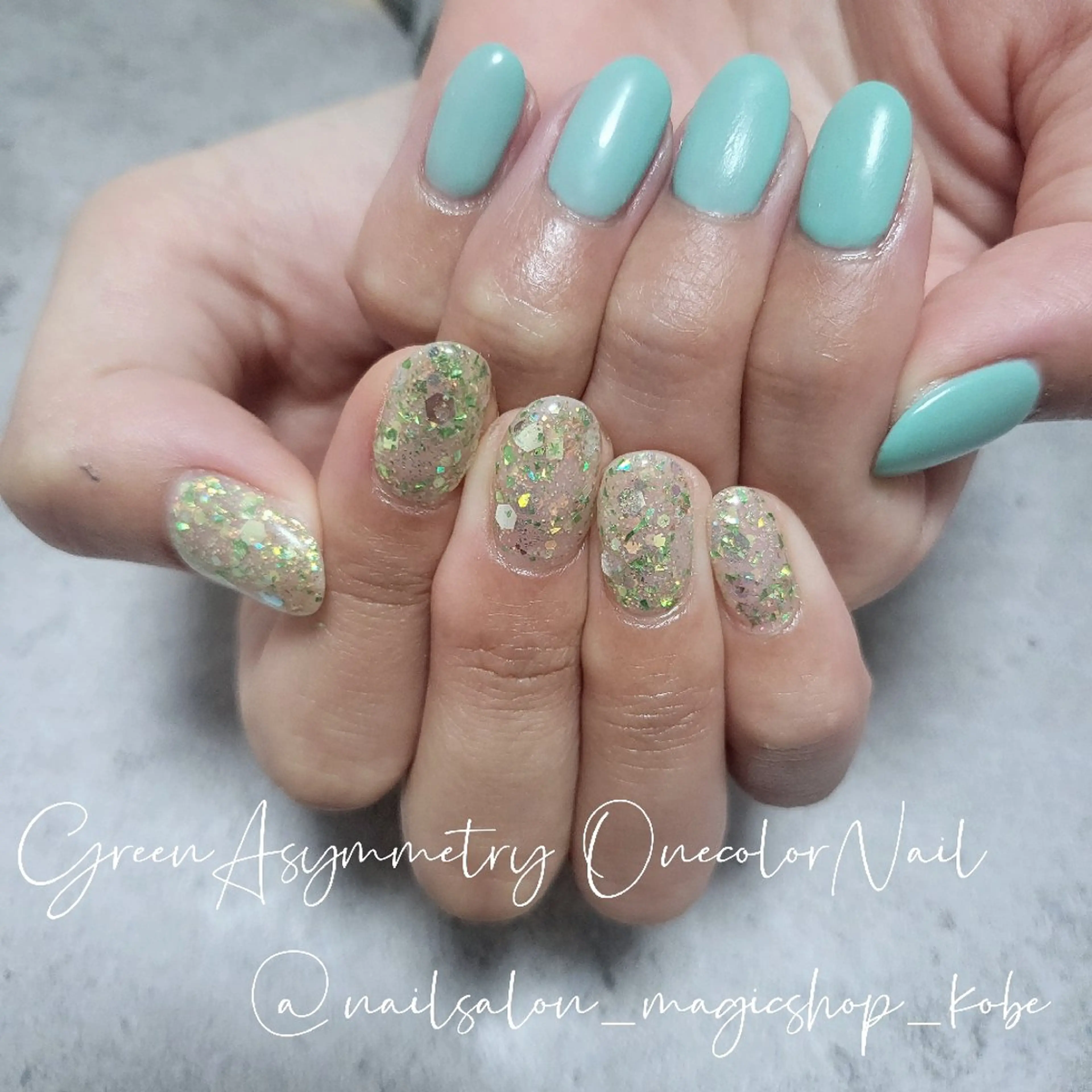 ネイル ジェルネイル グリーン ラメ(グリッター) マットネイル ワンカラーネイル ハンドネイル Nailsalon MagicShopのネイルデザイン