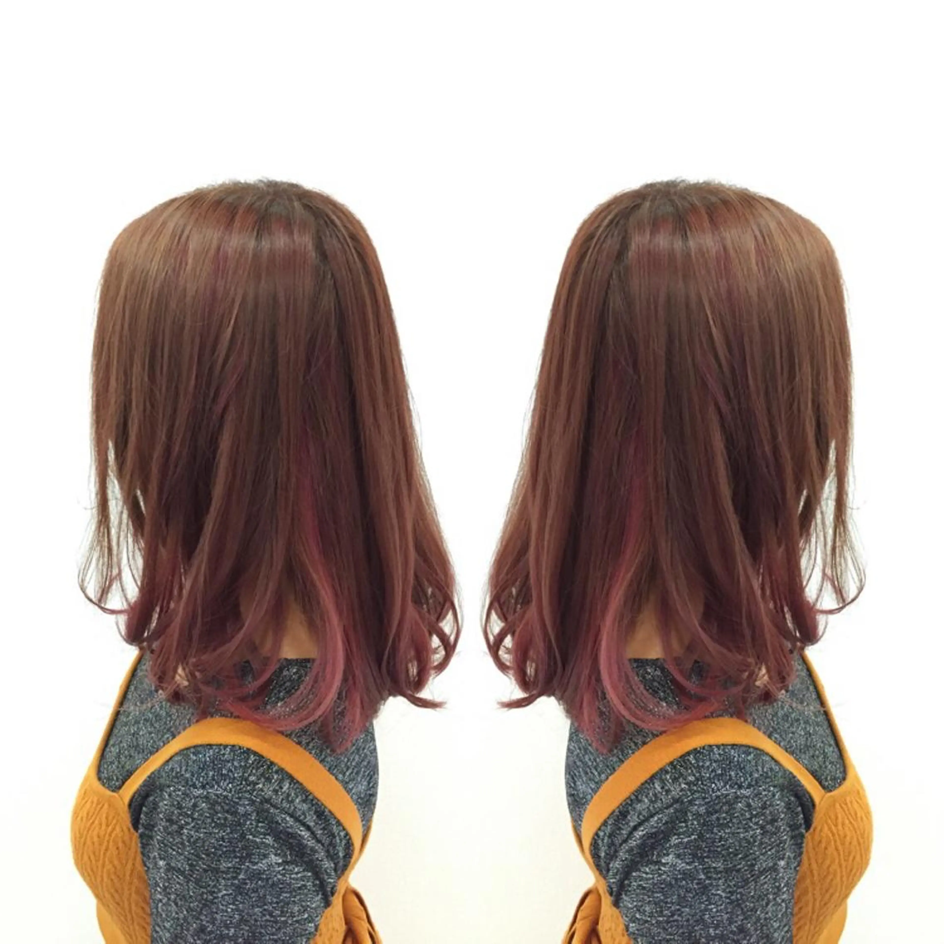 ミディアム カラー ブラウンカラー ハイライトカラー ピンクカラー ピンクブラウン ハイライト 髪質改善特化サロン ICONIQ天神店のヘアスタイル