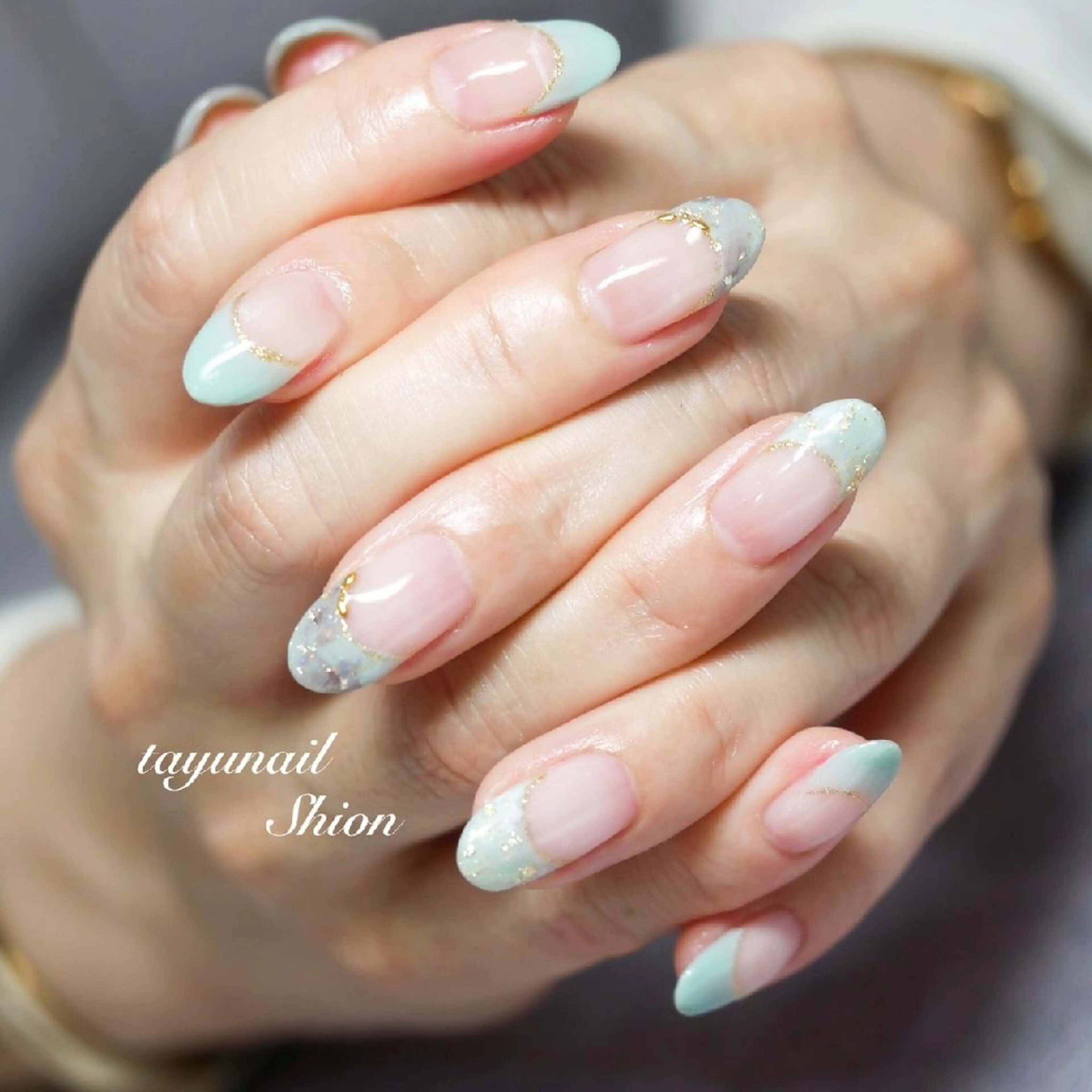 ネイル アートネイル ブルー フレンチネイル ジェルネイル 大理石ネイル(マーブル) ネイルサロン・ネイルスクール　たゆnail所属・ネイルサロン 【たゆnail】のネイルデザイン