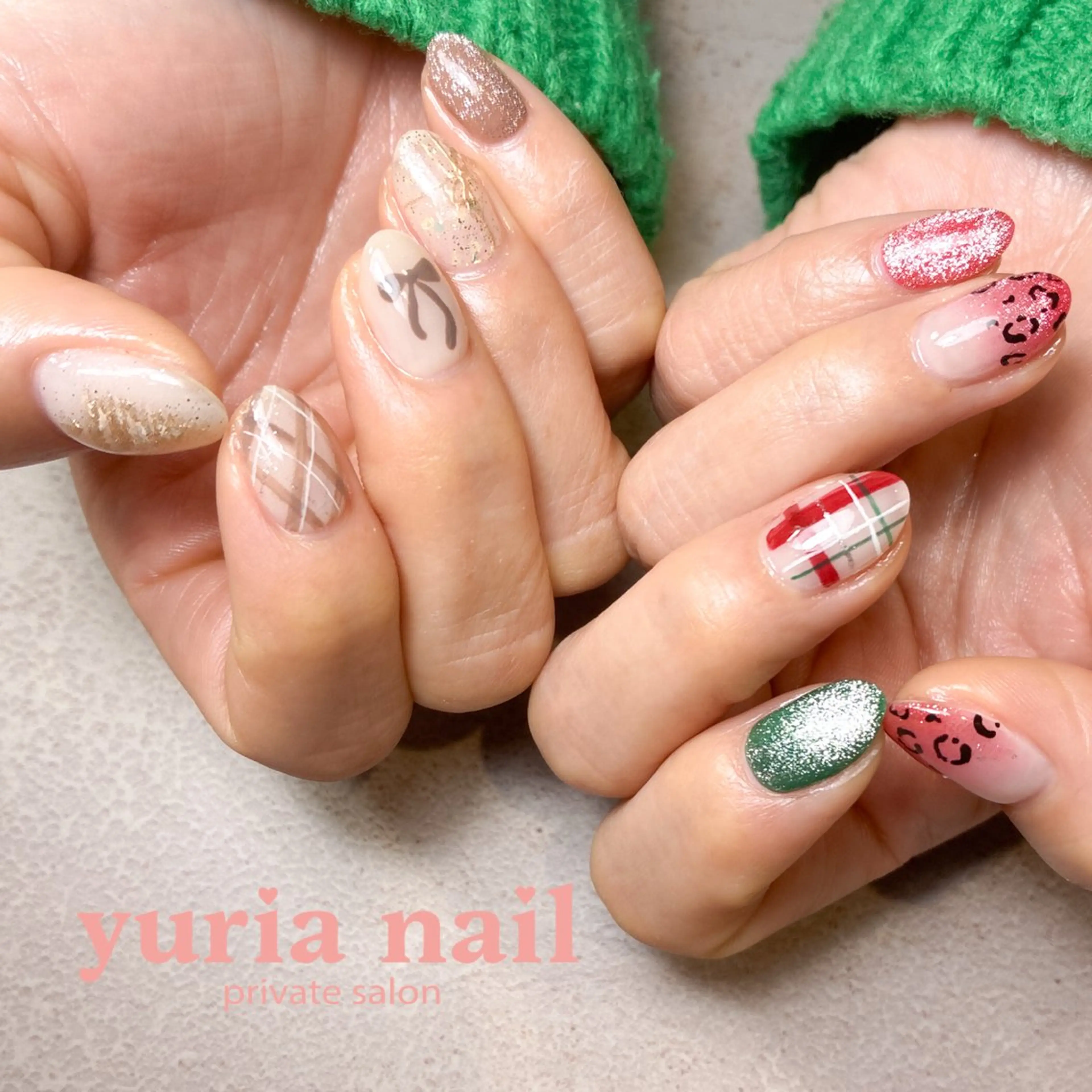 ネイル アニマル柄 アートネイル ジェルネイル リボン 冬ネイル ハンドネイル 小林 ゆりあのネイルデザイン