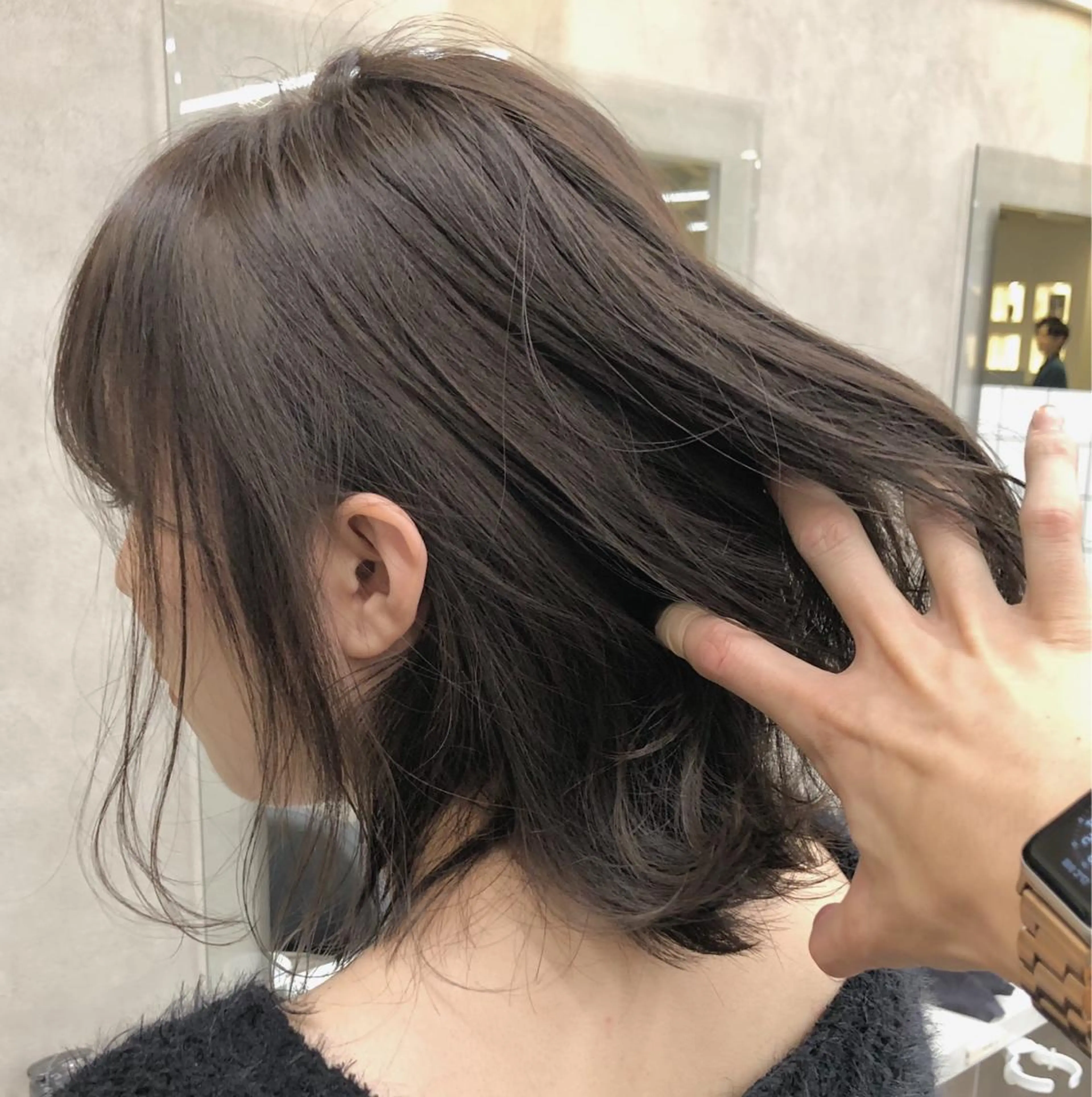 ミディアム カラー ブリーチ グレージュ ブリーチなしカラー ヘアカラー トリートメント ヘアセット 柔らかbeige モトキのヘアスタイル