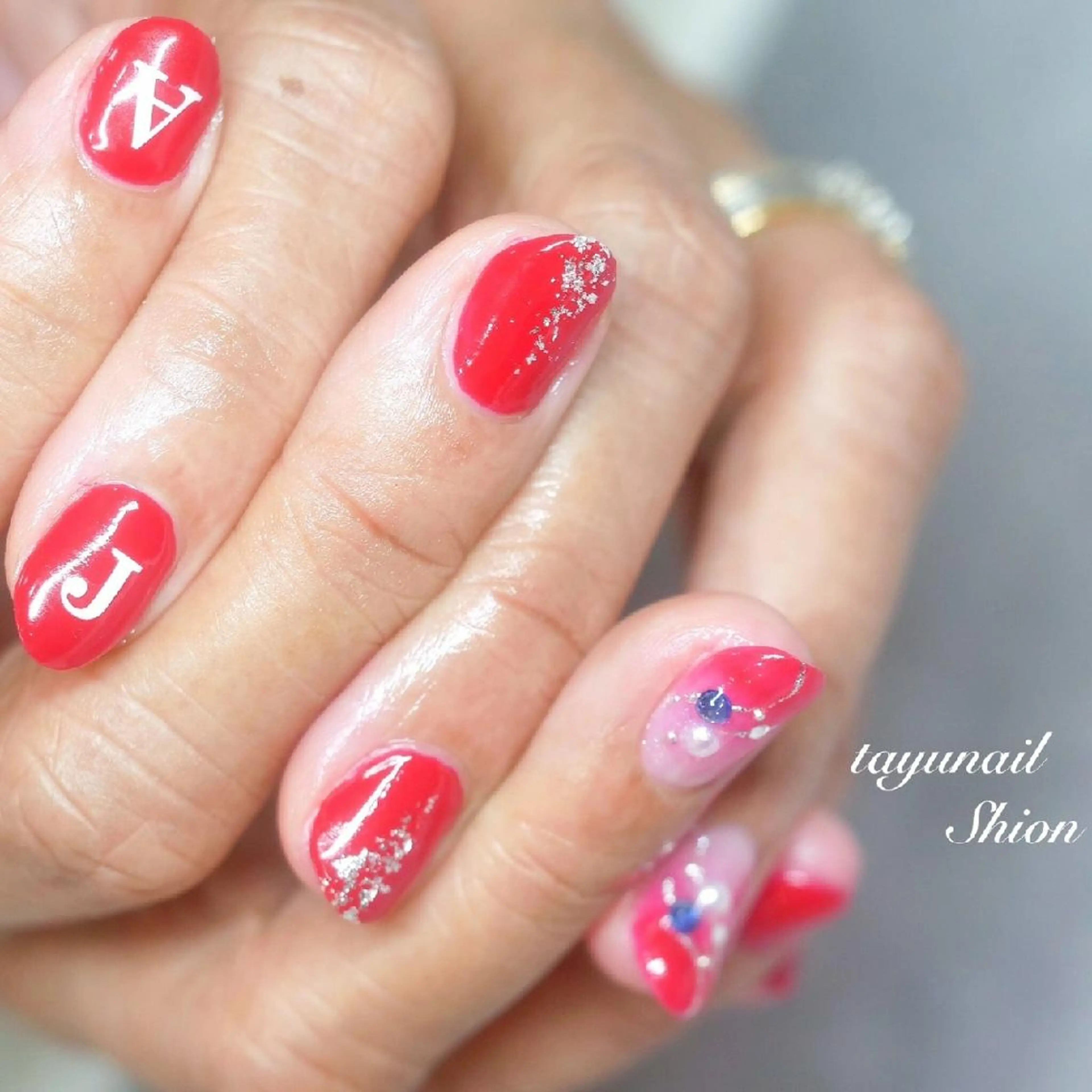 ネイル ブルー ジェルネイル パラジェル 赤色 ネイルサロン・ネイルスクール　たゆnail所属・ネイルサロン 【たゆnail】のネイルデザイン