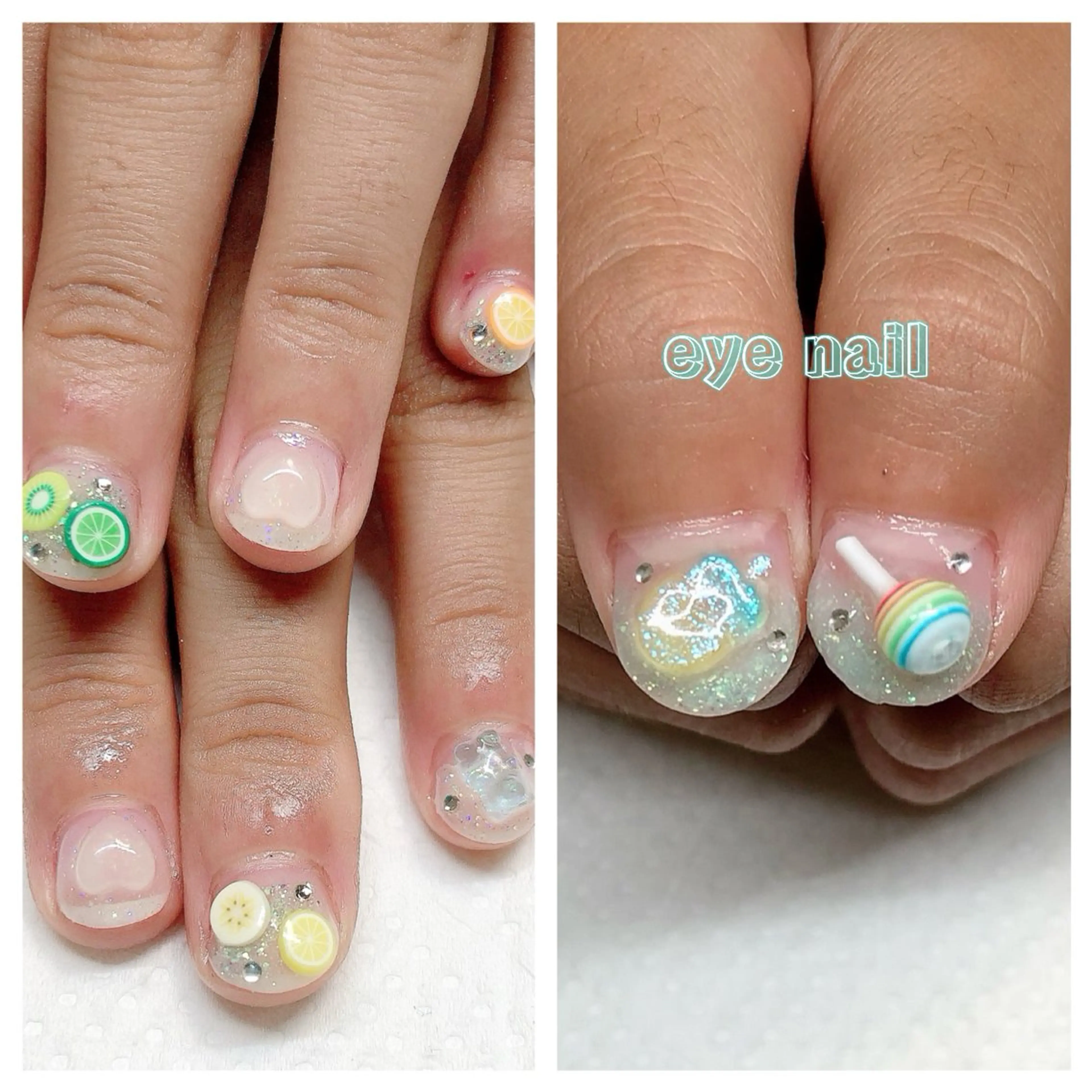 ネイル ハート ラメ(グリッター) 水色 オレンジ UVネイル ハンドネイル Eye nailのネイルデザイン