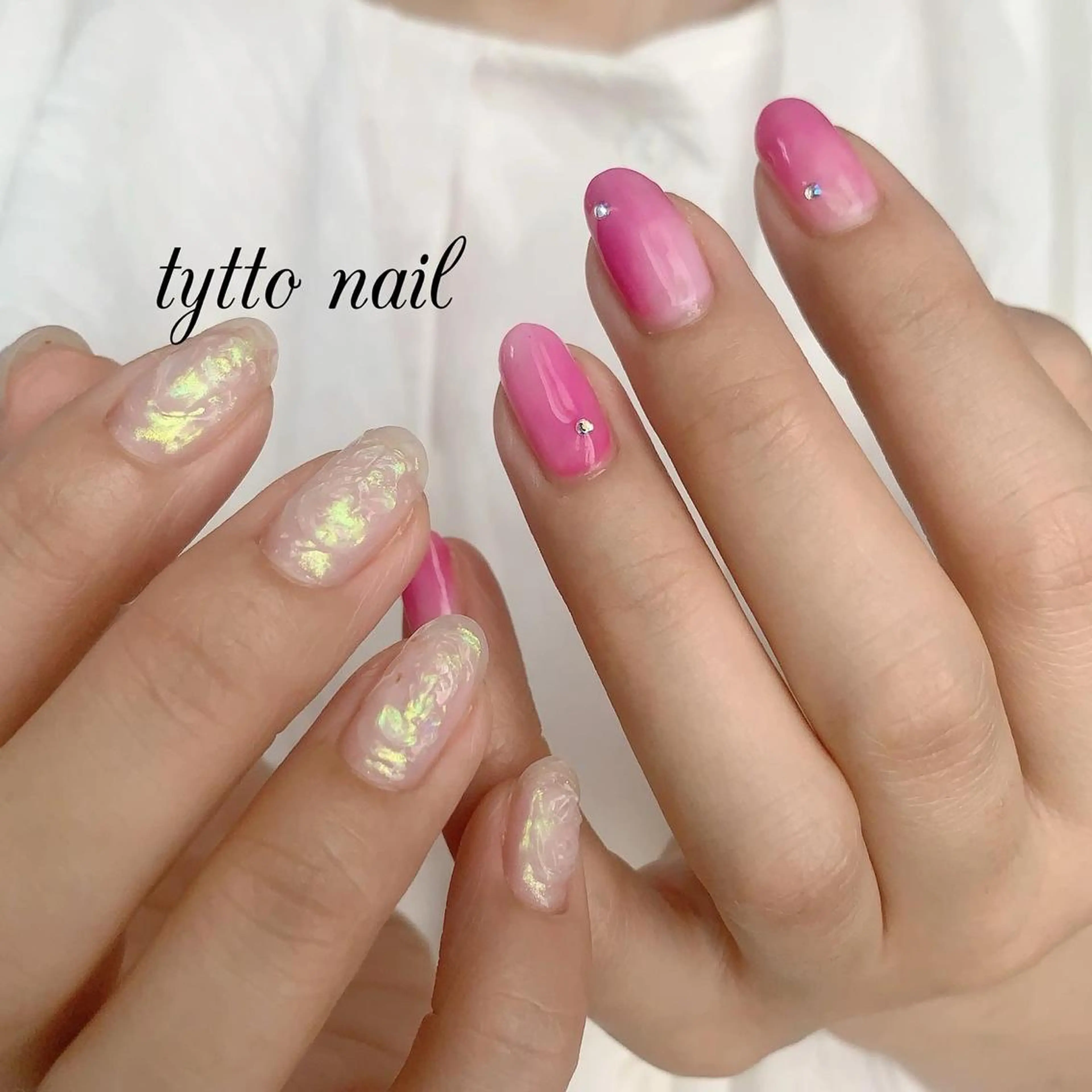 ネイル オーロラネイル 氷ネイル・うるうるネイル キラキラネイル ニュアンスネイル ピンク ハンドネイル tytto nail ❤︎‪‪eri‪‪のネイルデザイン