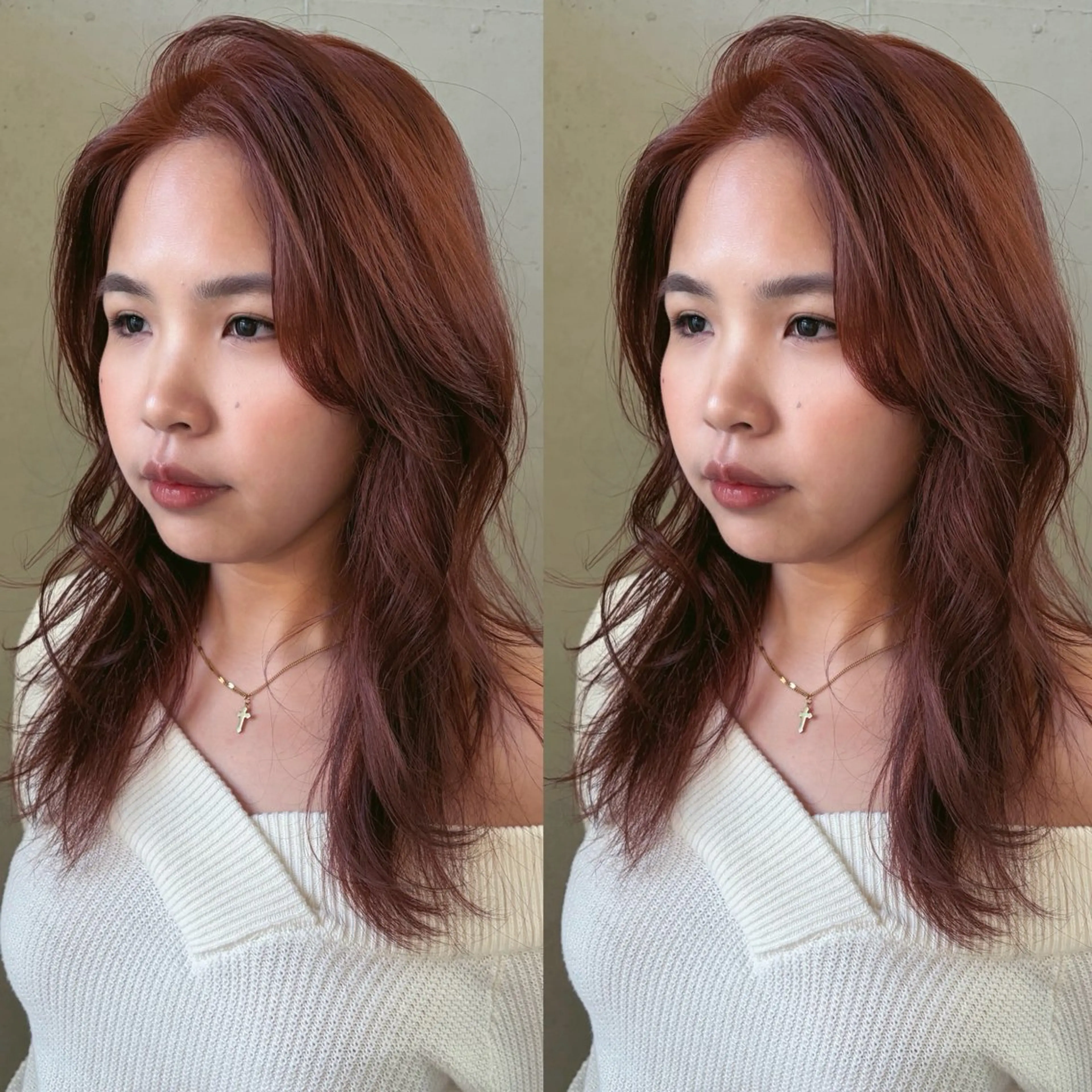 セミロング カラー ブラウンカラー ダブルカラー オレンジ オレンジブラウン 表参道/レイヤー/暖 色/Ｗカラー/小春のヘアスタイル