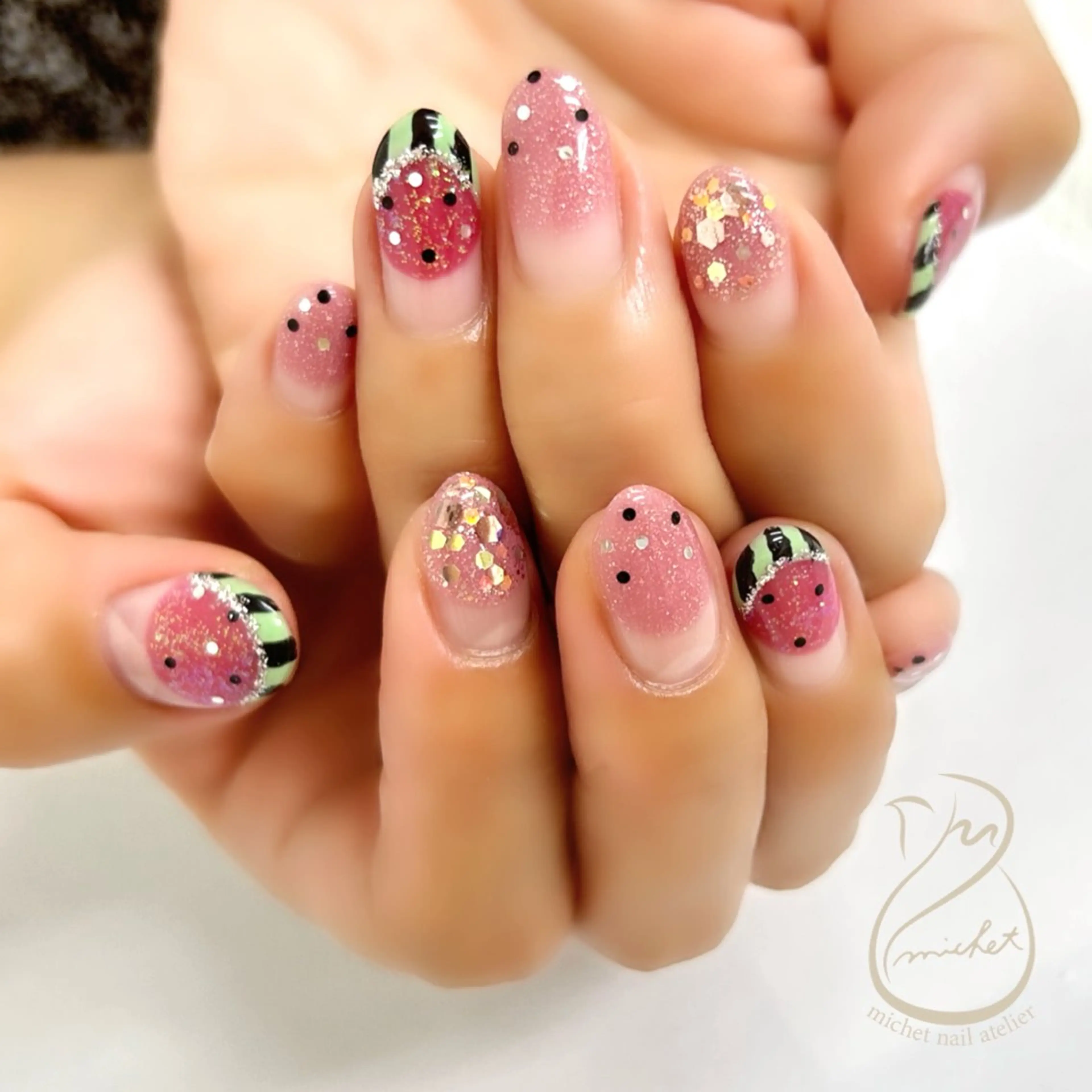 ネイル フレンチネイル グリーン ラメ(グリッター) ピンク シルバー ハンドネイル h. rikaのネイルデザイン