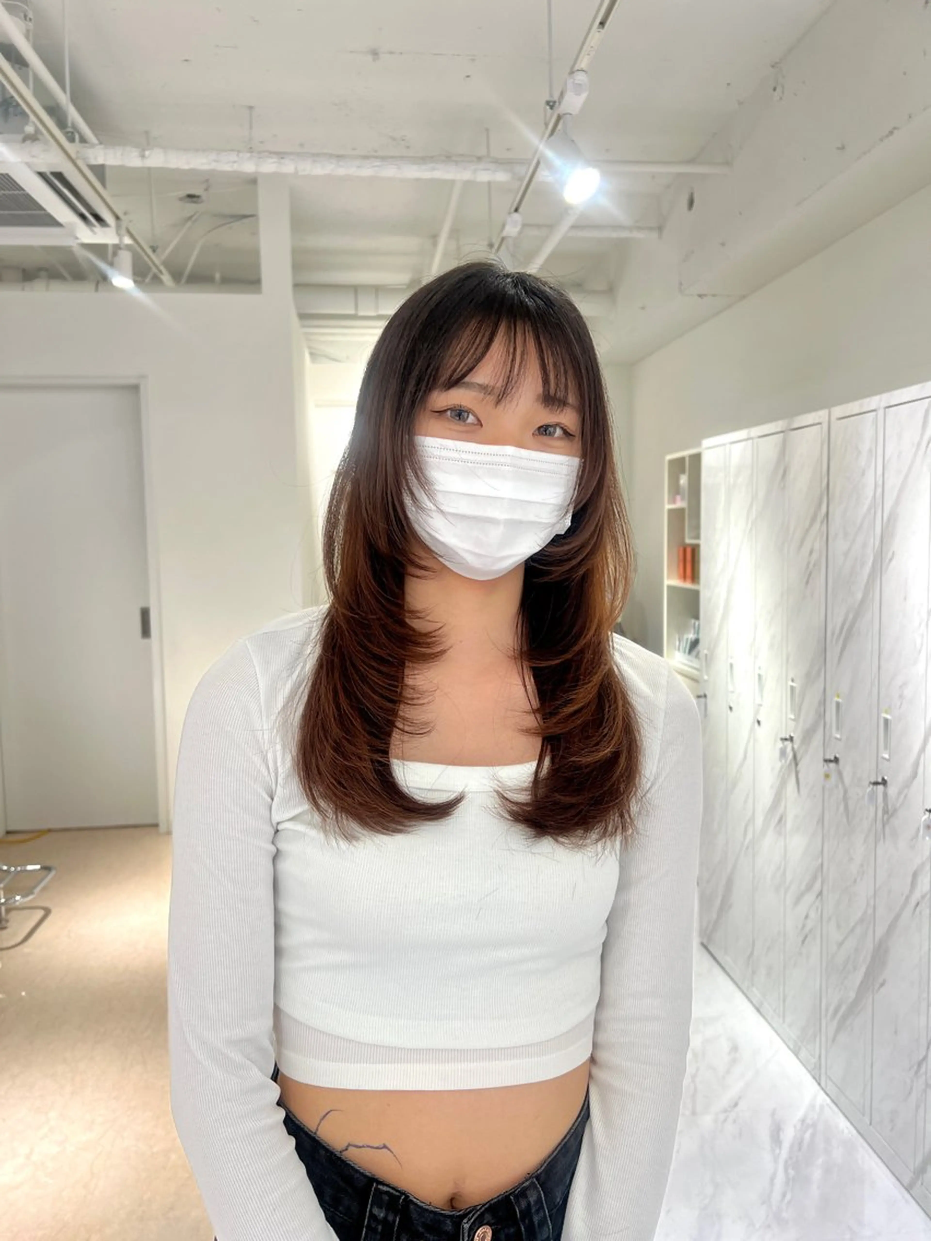 セミロング カラー ヘアアレンジ 韓国風カラー 韓国風ヘア レイヤーカット カット ヘアカラー トリートメント ヘッドスパ ヘアセット 顔まわりカット の達人のヘアスタイル