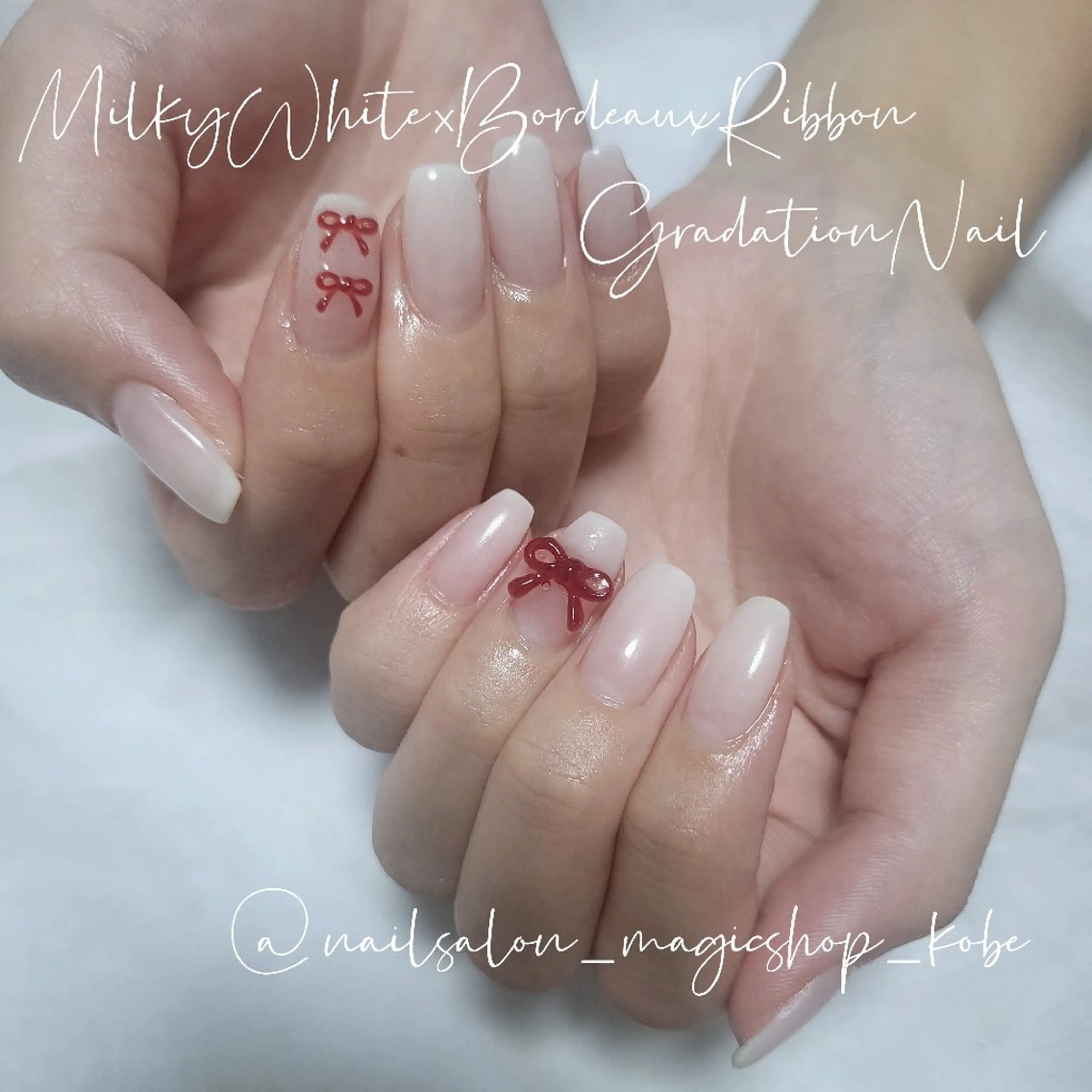 ネイル ボルドー ジェルネイル グラデーション リボン ソフトジェル ハンドネイル Nailsalon MagicShopのネイルデザイン
