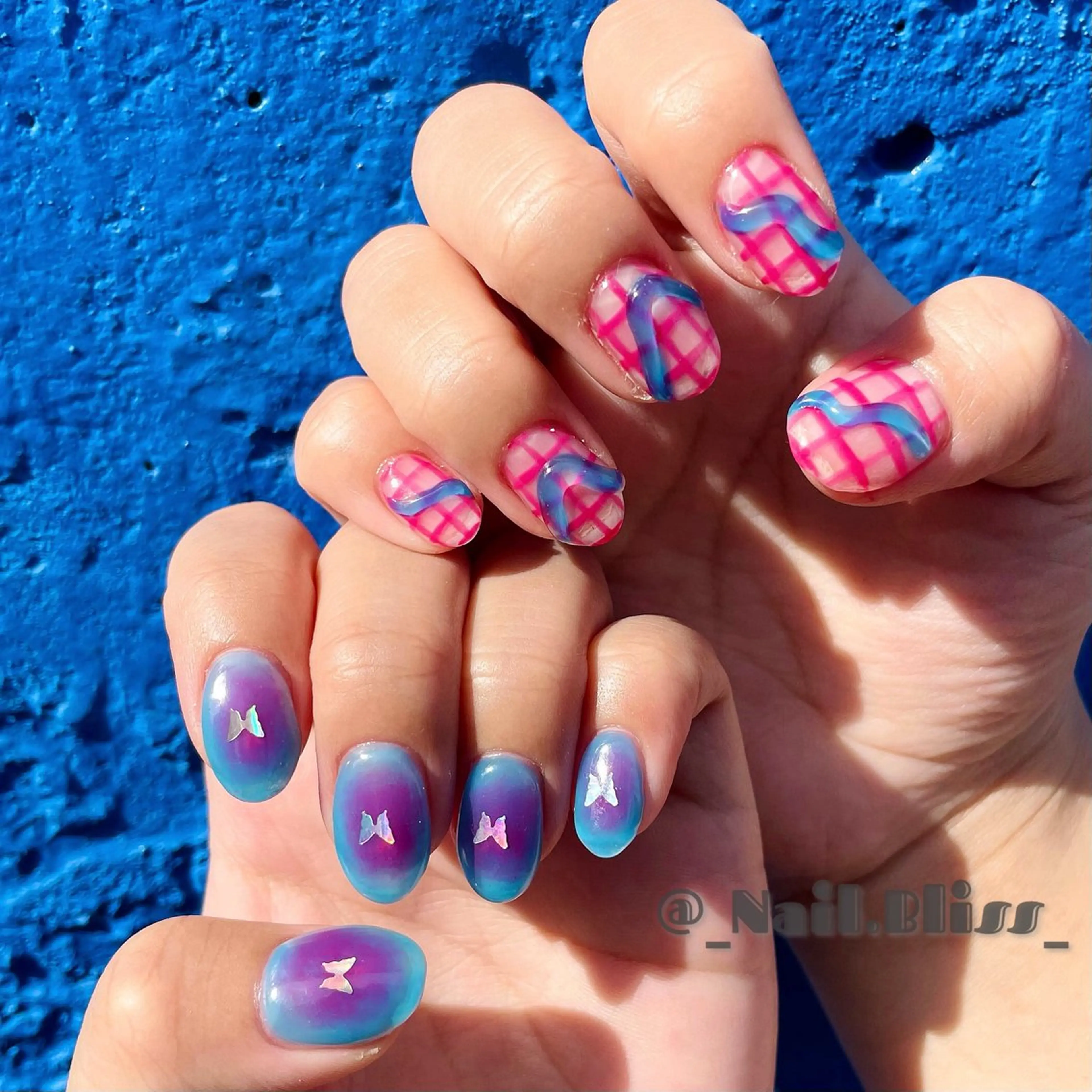 ネイル ブルー 持ち込み ピンク ハンドネイル NAIL BLISSのネイルデザイン