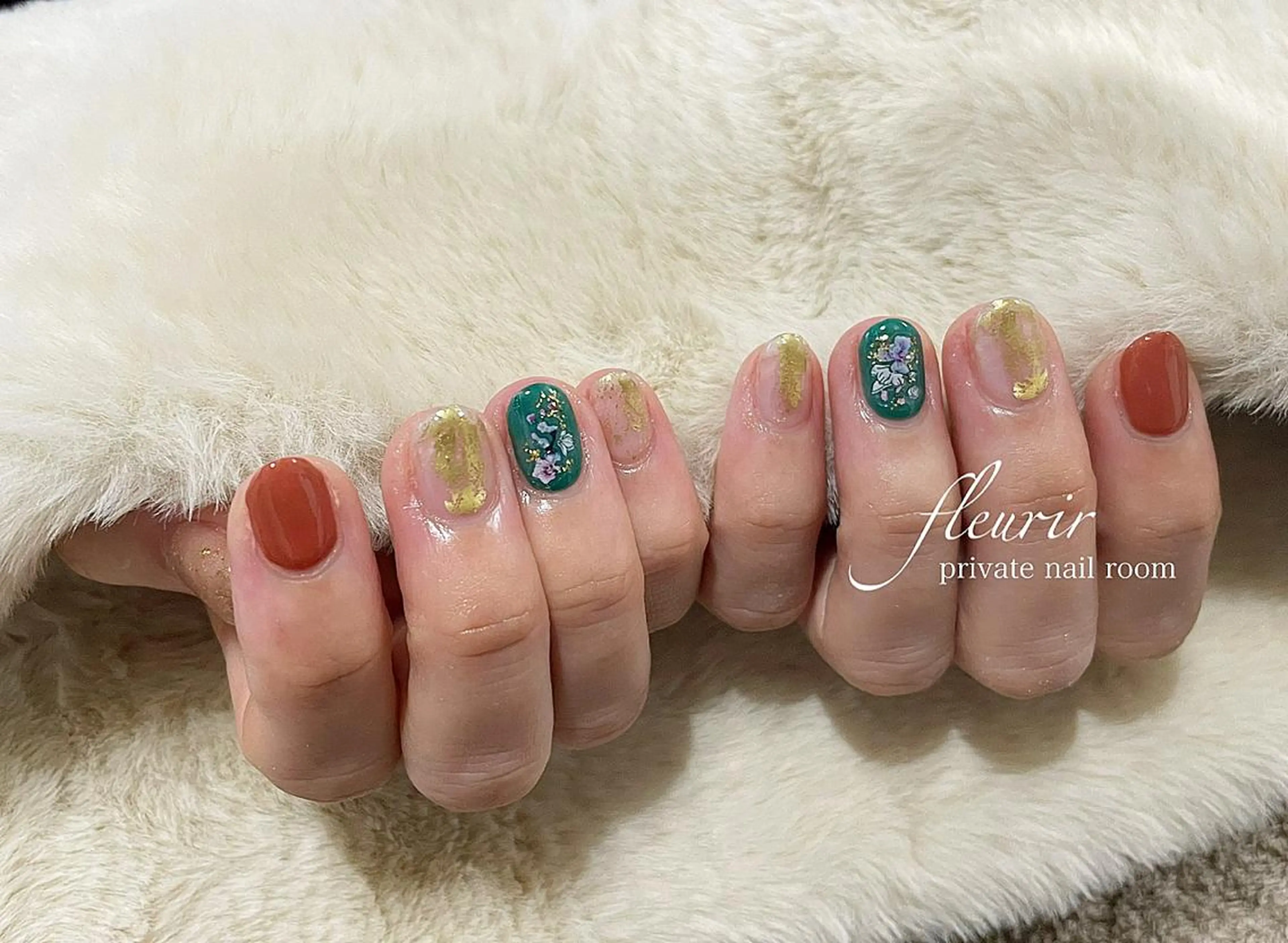 ネイル ブラウン 長さ出し ジェルネイル グリーン ハードジェル フルリール 【プライベートサロンのネイルデザイン