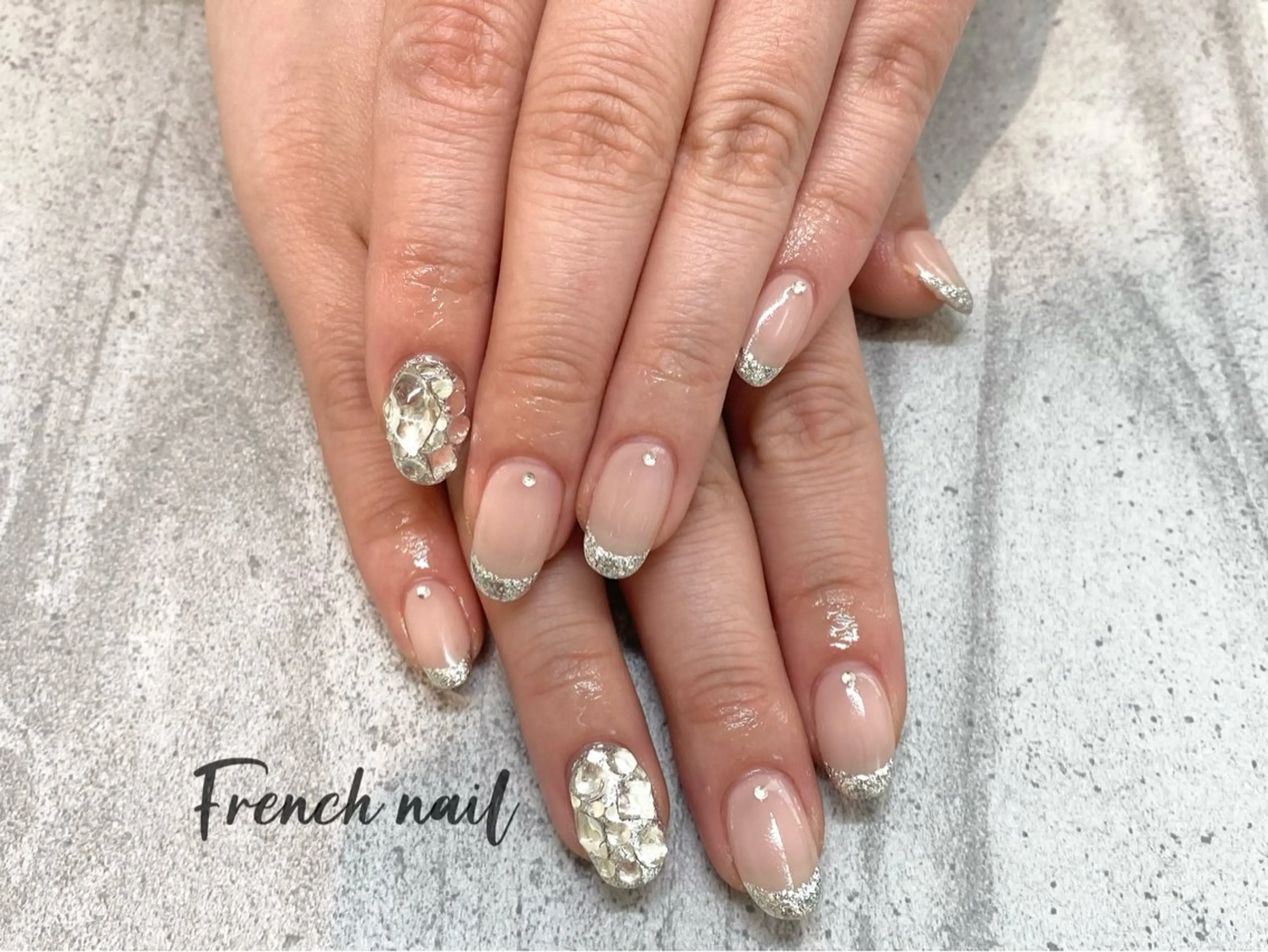 ネイル フレンチネイル ラメ(グリッター) ピンク ピンクベージュ シルバー greedy 東山店 田之上のネイルデザイン