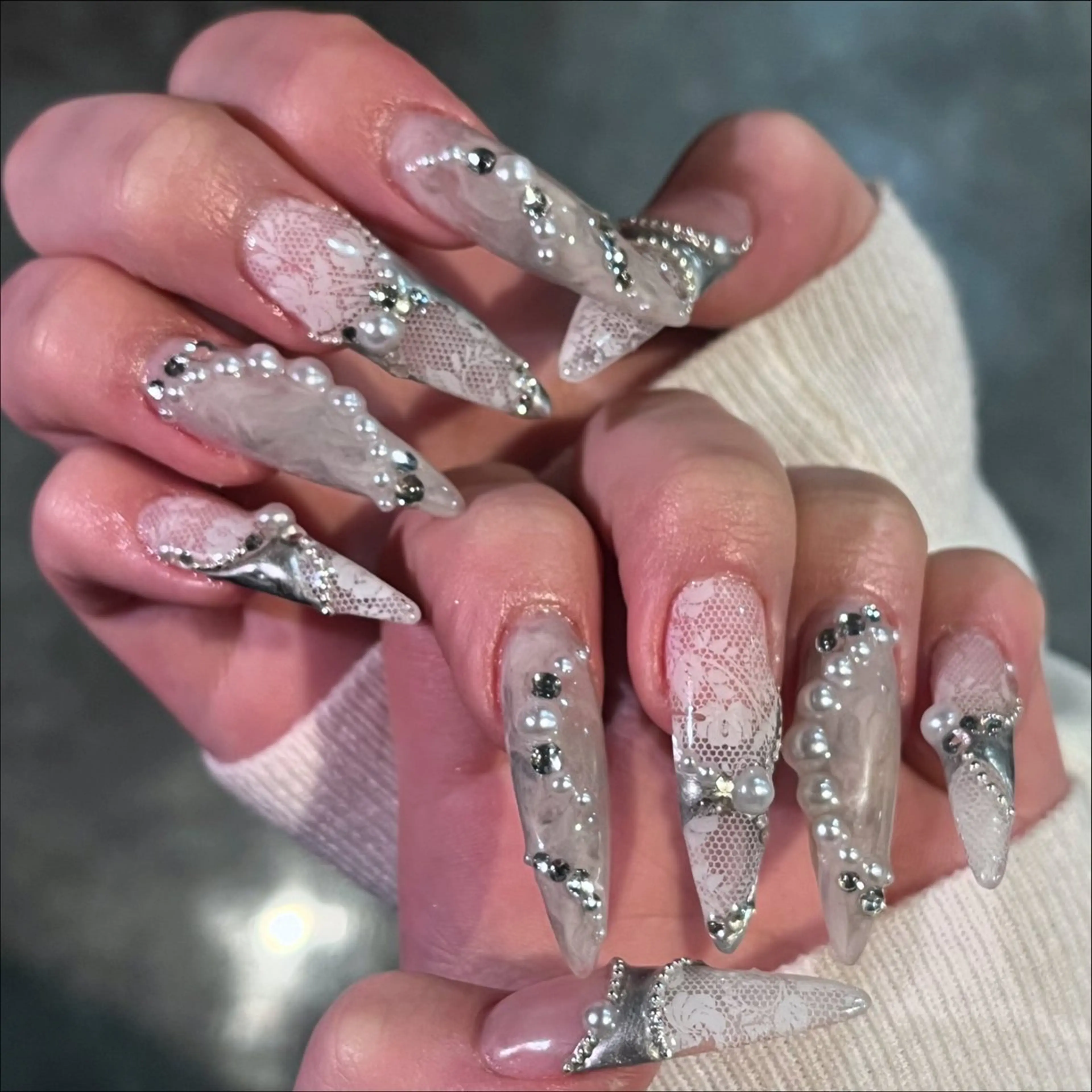 ネイル レース ロングネイル 持ち込み スカルプネイル ワンホンネイル ハンドネイル icy,nail ユリアのネイルデザイン