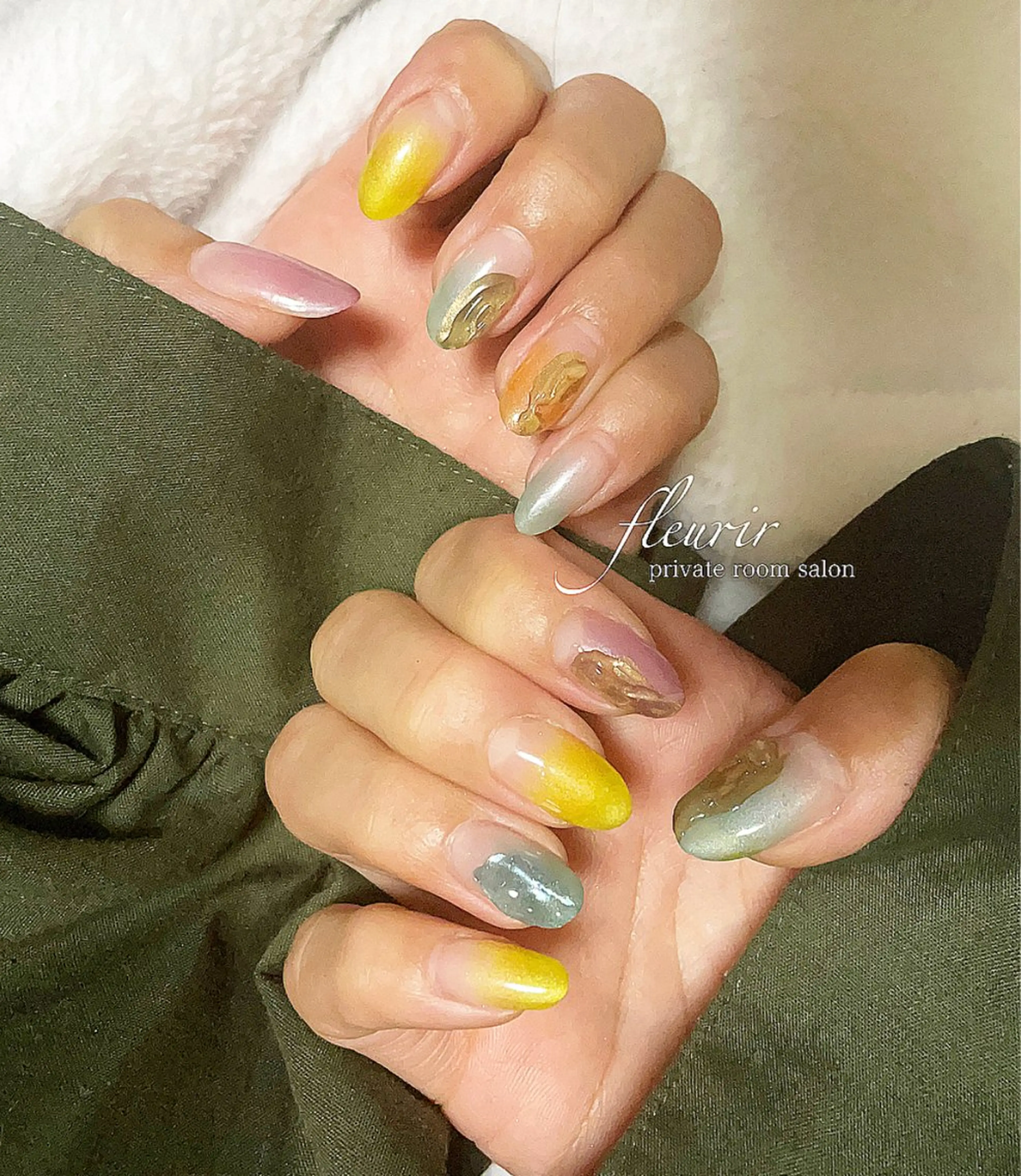 ネイル アートネイル ゴールド グラデーション 水色 ミラーネイル フルリール 【プライベートサロンのネイルデザイン
