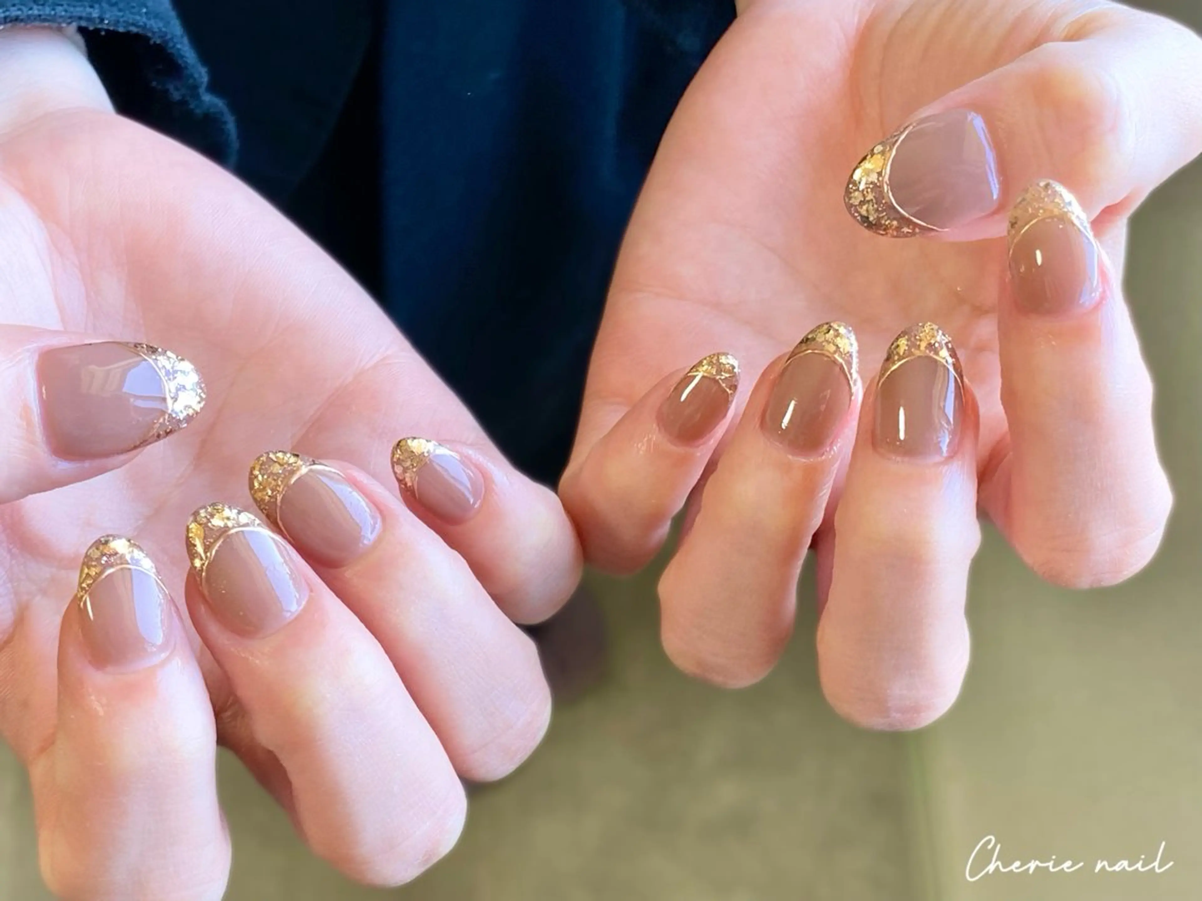 ネイル フレンチネイル ジェルネイル ガラスフレンチ ゴールド ミラーネイル ハンドネイル Cherienail yunaのネイルデザイン