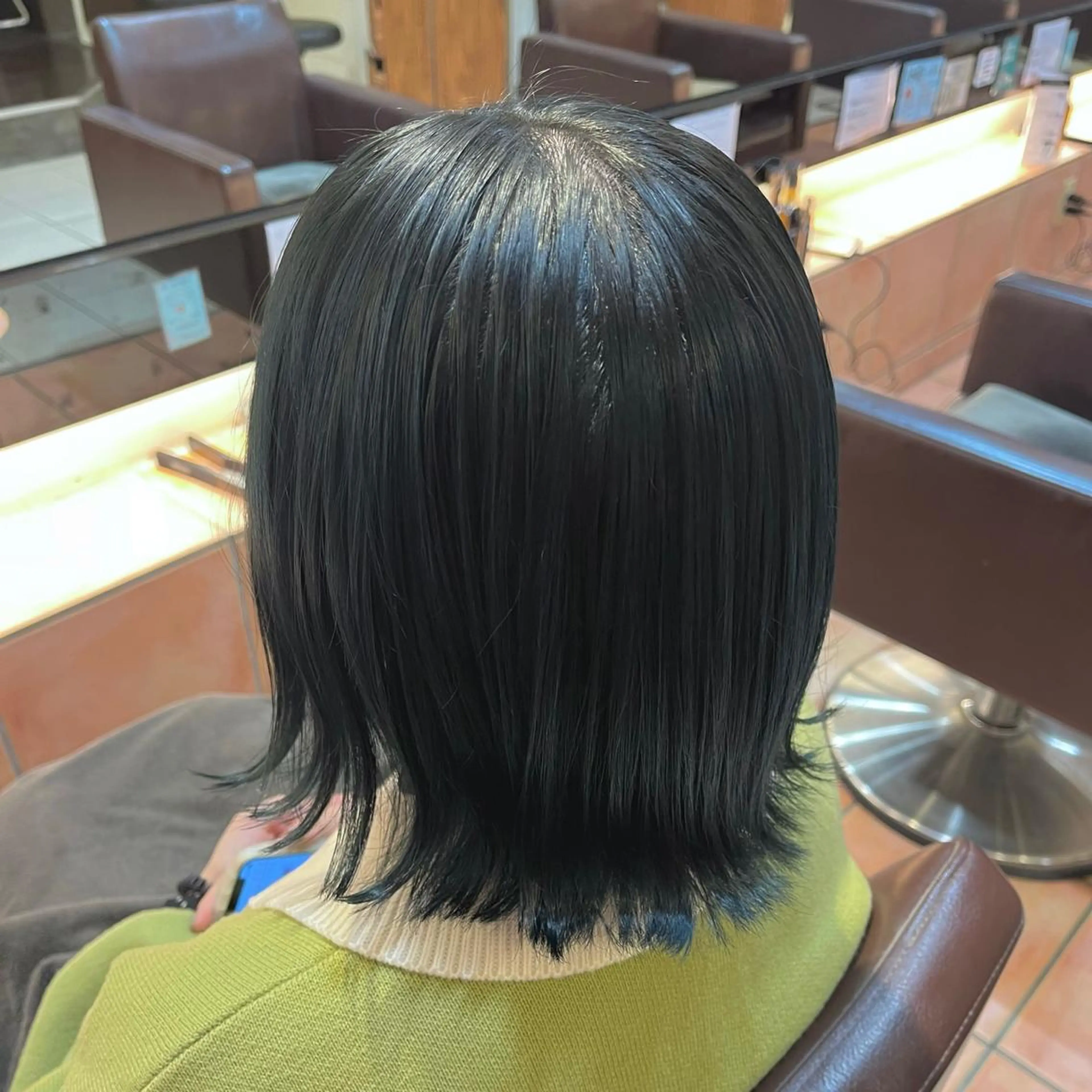 ミディアム カラー 黒髪 ブリーチ ブルーカラー ブルーブラック ブリーチなしカラー YUMEKA🩶/ 透明感カラー🥣のヘアスタイル