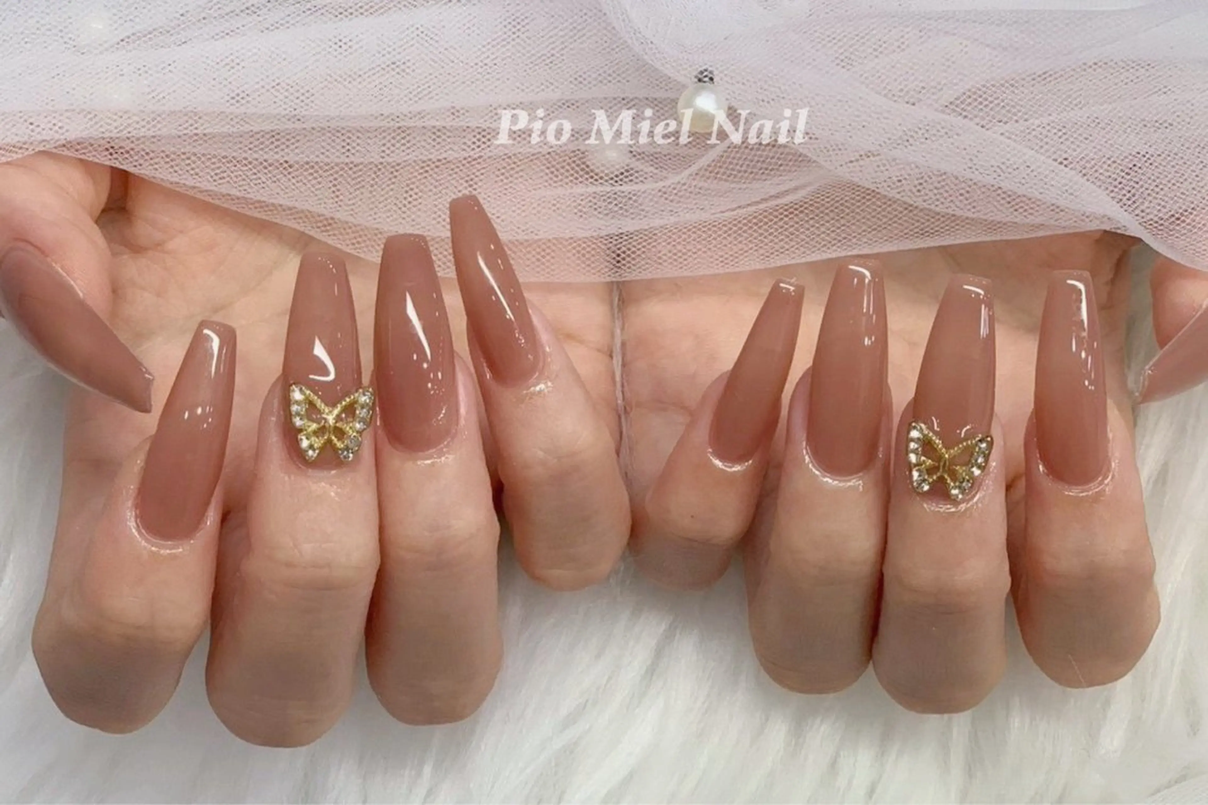 ロング カラー アプリコットブラウン ブラウンカラー ロング ハンドネイル HANA 長さだしのネイルデザイン