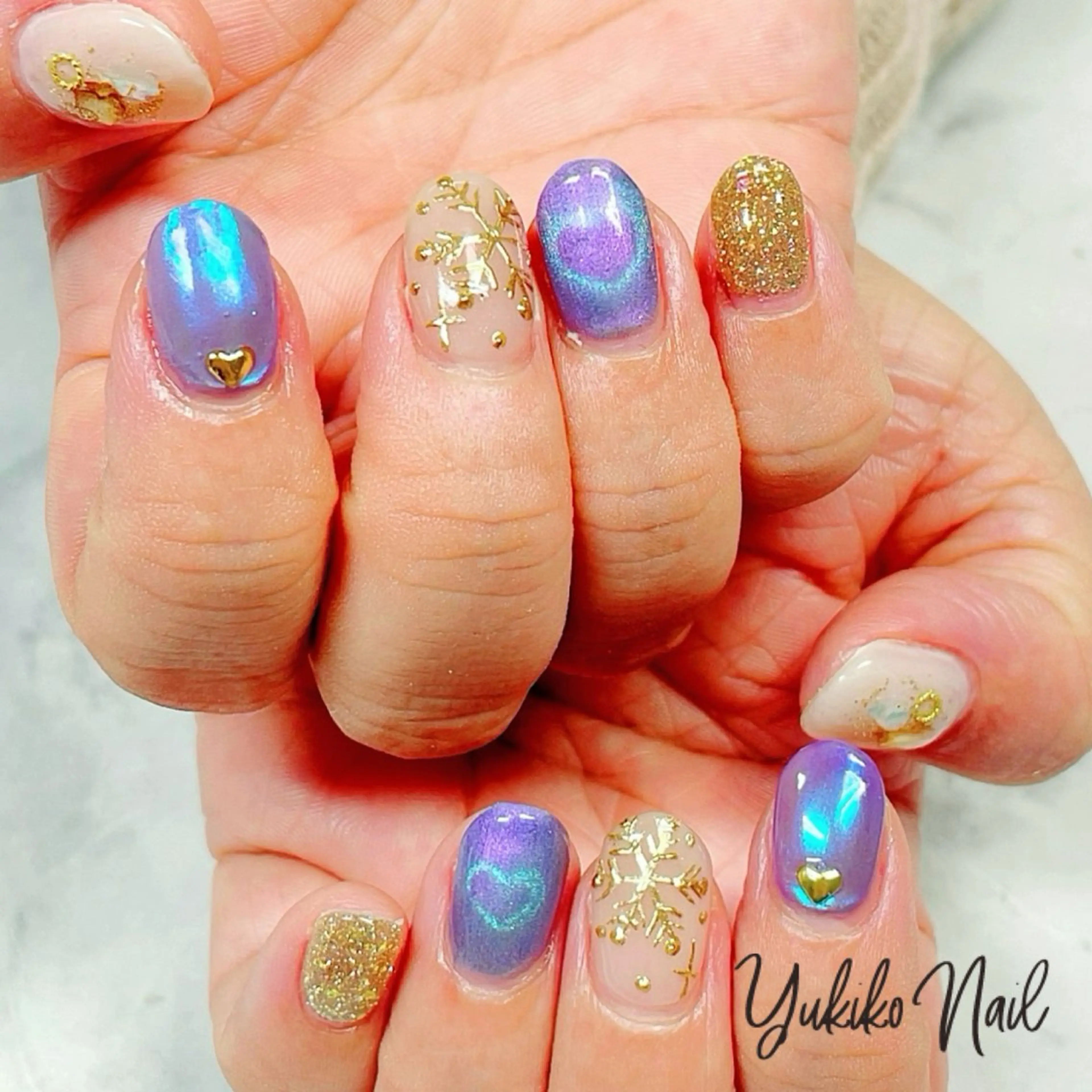 ネイル ブルー ハート キラキラネイル マグネットネイル パープル ハンドネイル ユキコ ネイルのネイルデザイン