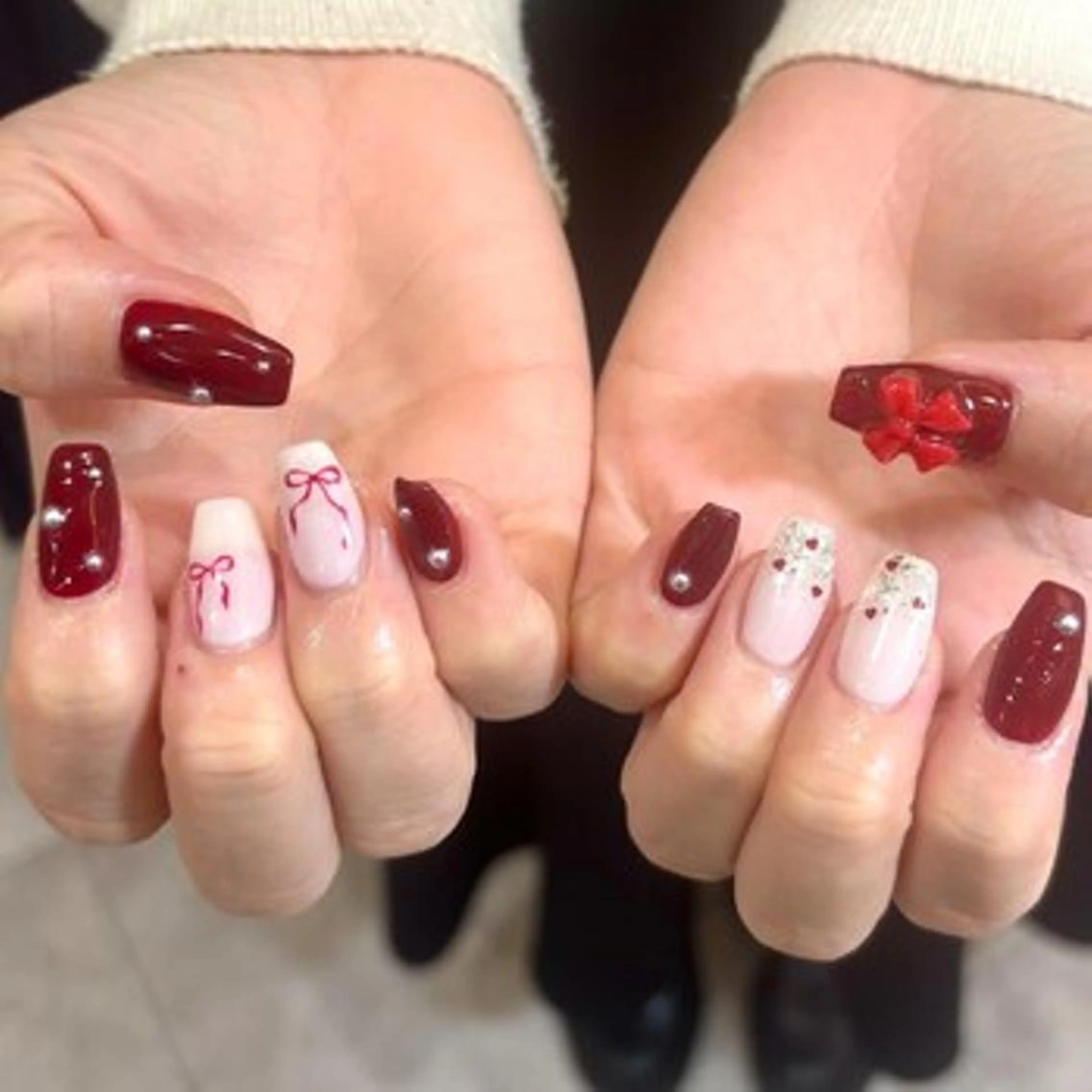 ネイル ボルドー リボン パラジェル認定サロン N°nail 立川のネイルデザイン