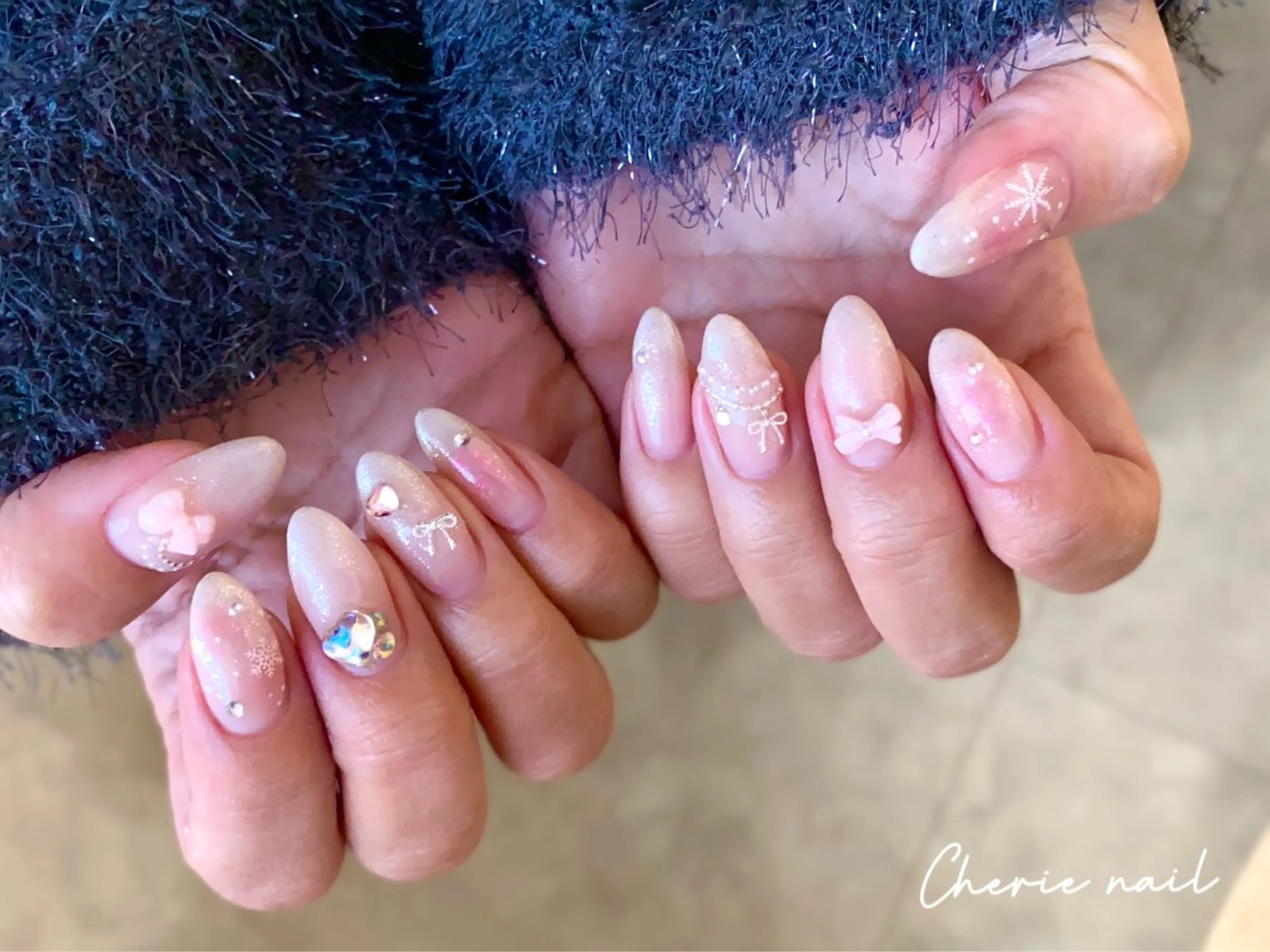 ネイル ジェルネイル グラデーション ラメ(グリッター) ピンク リボン ハンドネイル Cherienail yunaのネイルデザイン