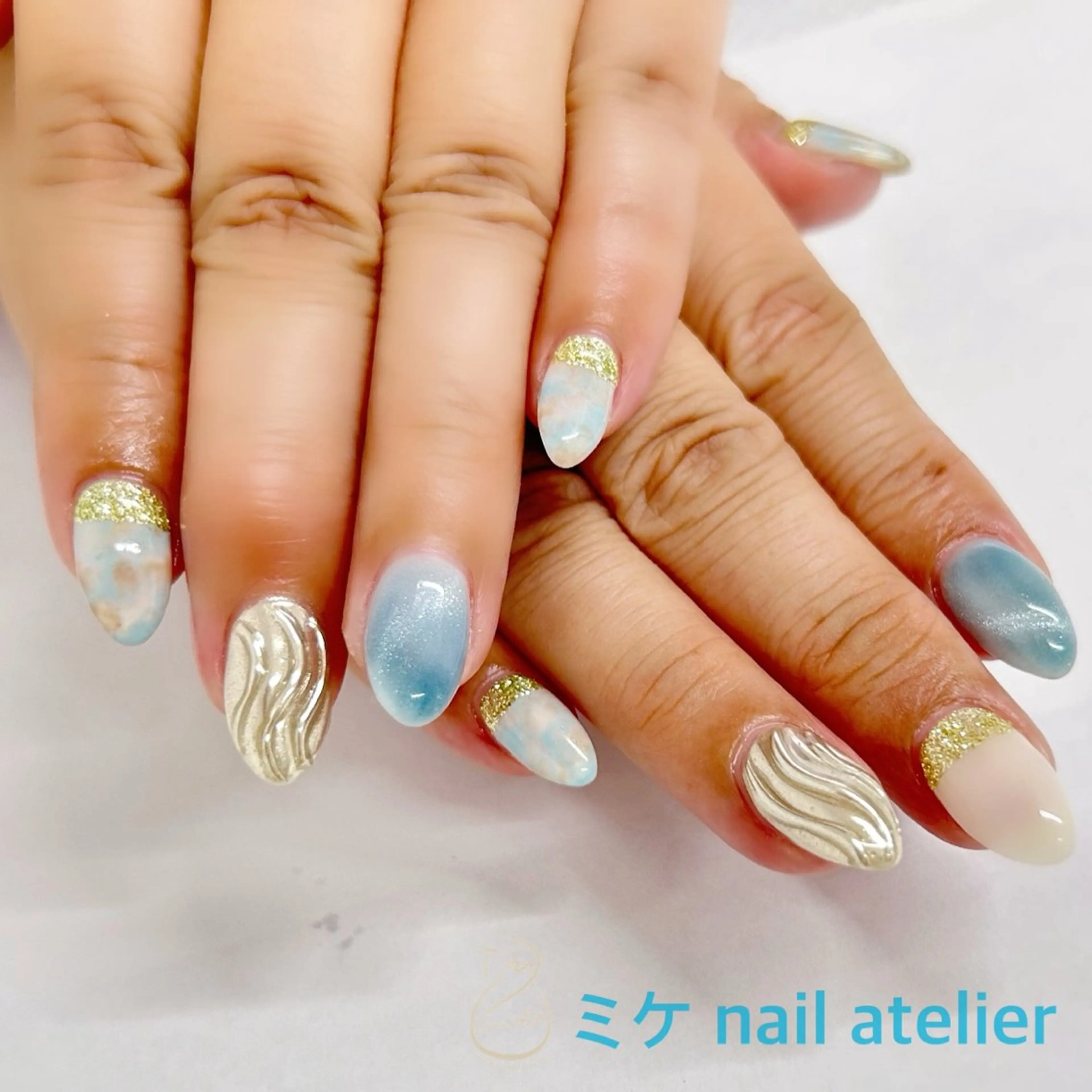 ネイル アートネイル ブルー ジェルネイル マグネットネイル ミラーネイル ハンドネイル h. rikaのネイルデザイン