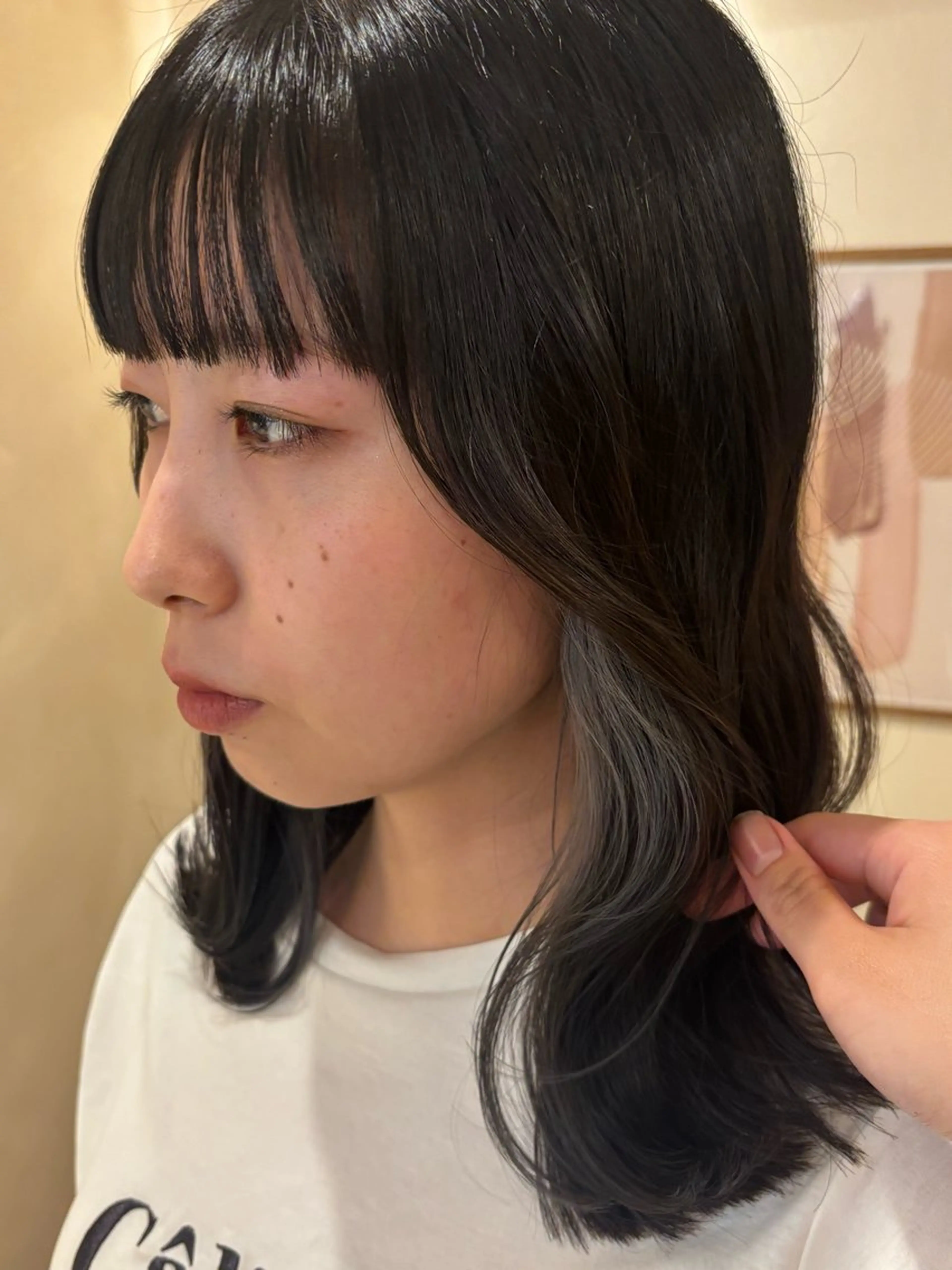 ミディアム カラー 黒髪 カット ヘアカラー シンバヒナノ/パーマ レイヤーカット/ボブのヘアスタイル