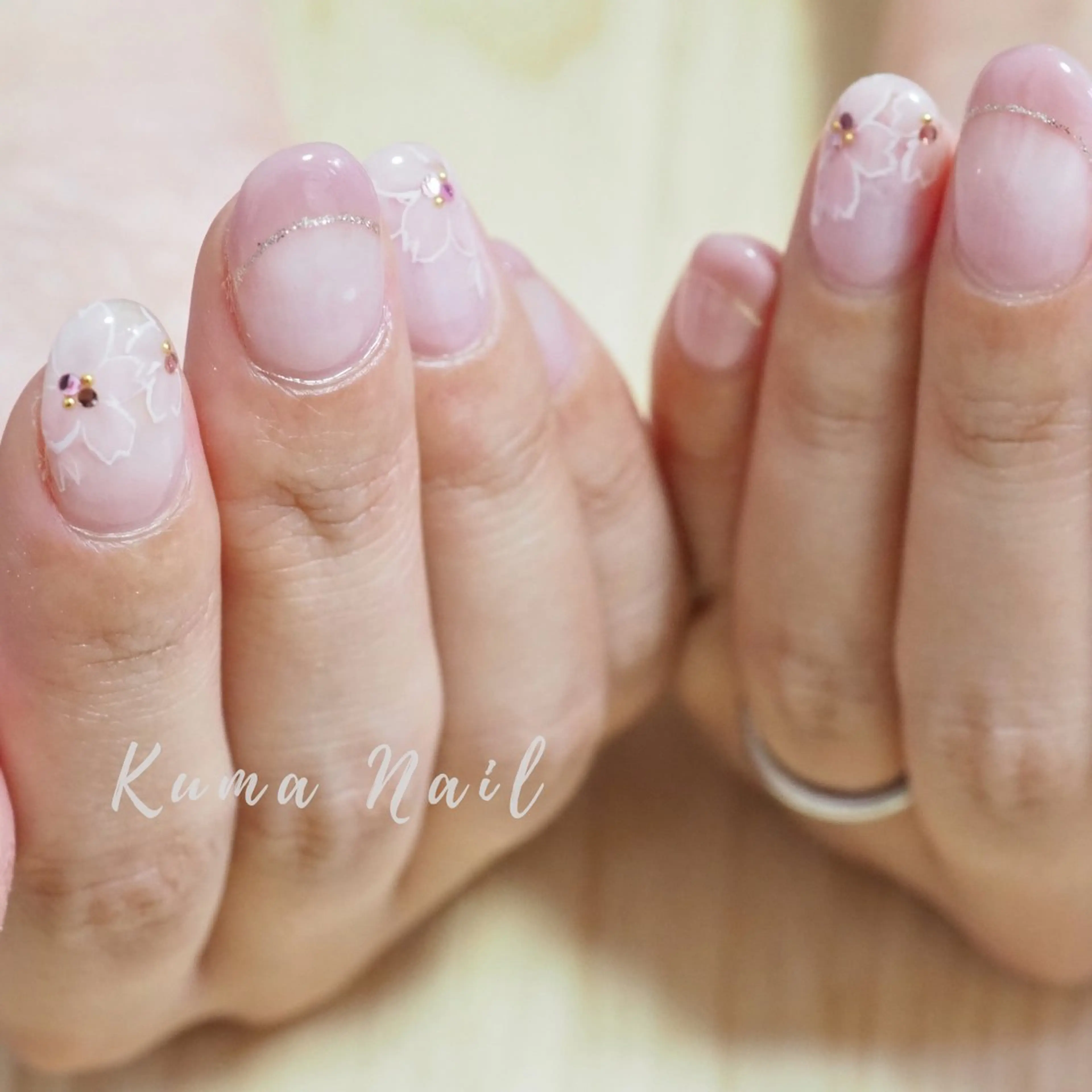 ネイル 桜ネイル フレンチネイル 春ネイル ハンドネイル Private salon Kuma Nail.所属・藤が丘ネイル Kuma Nailのネイルデザイン