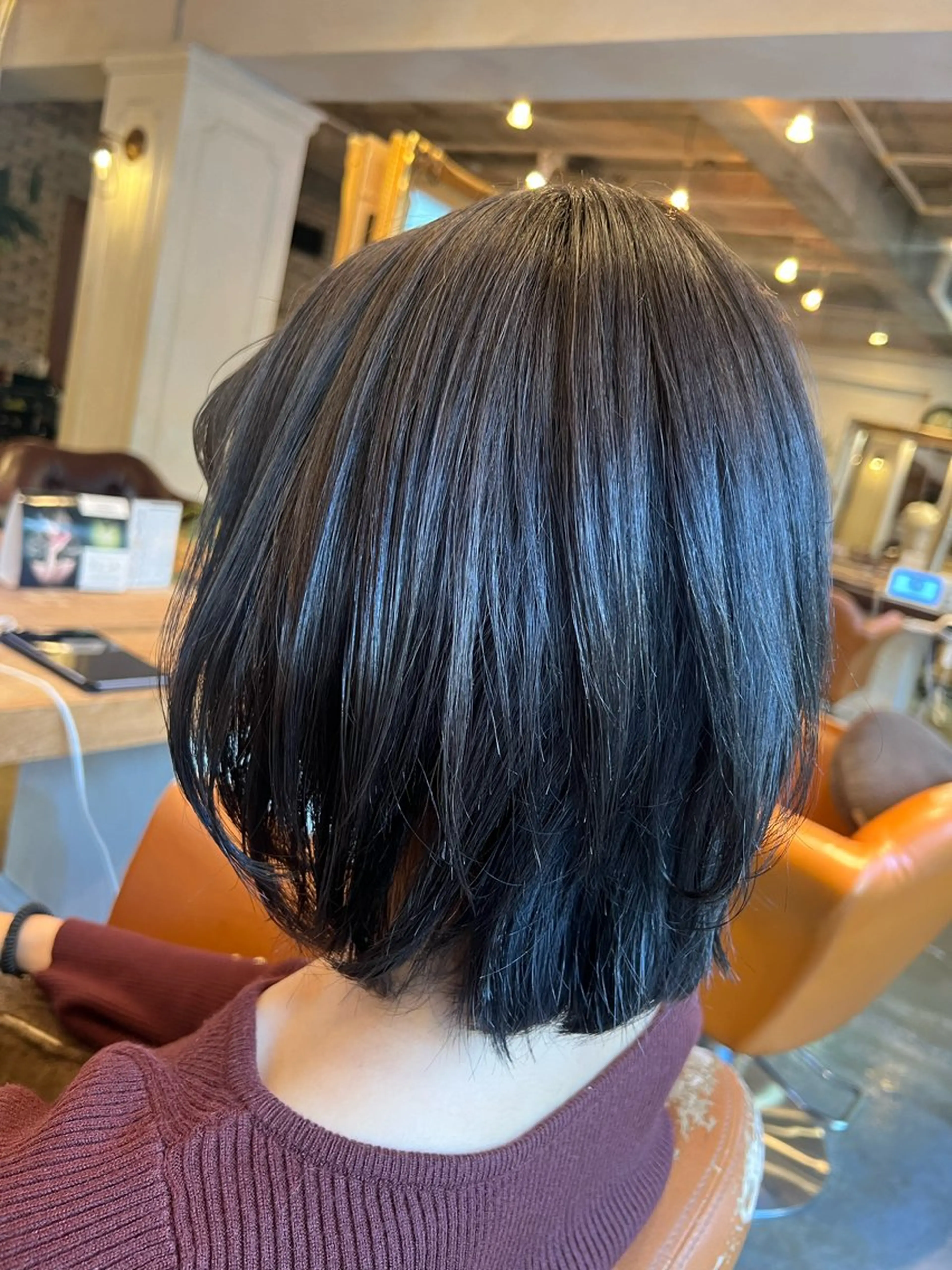ミディアム カラー 黒髪 ブリーチ ブルーカラー ブルーブラック ブルーグレー カット ヘアカラー トリートメント ハイライト/インナー /ブリーチ/レイヤーのヘアスタイル
