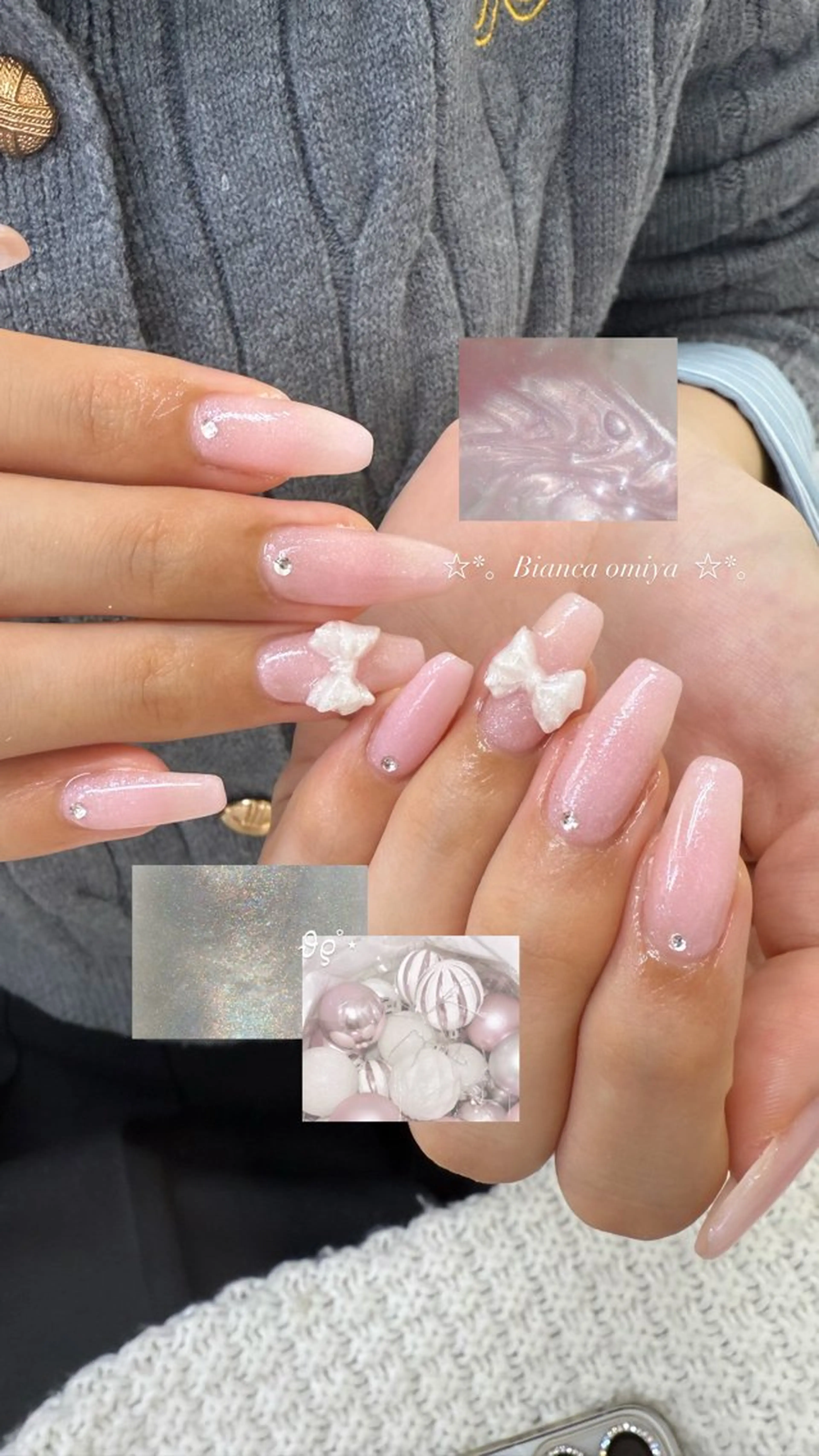 ネイル 持ち込み リボン ストーンネイル ハンドネイル Bianca 清原 陽菜果.°ʚ🎀ɞ°のネイルデザイン