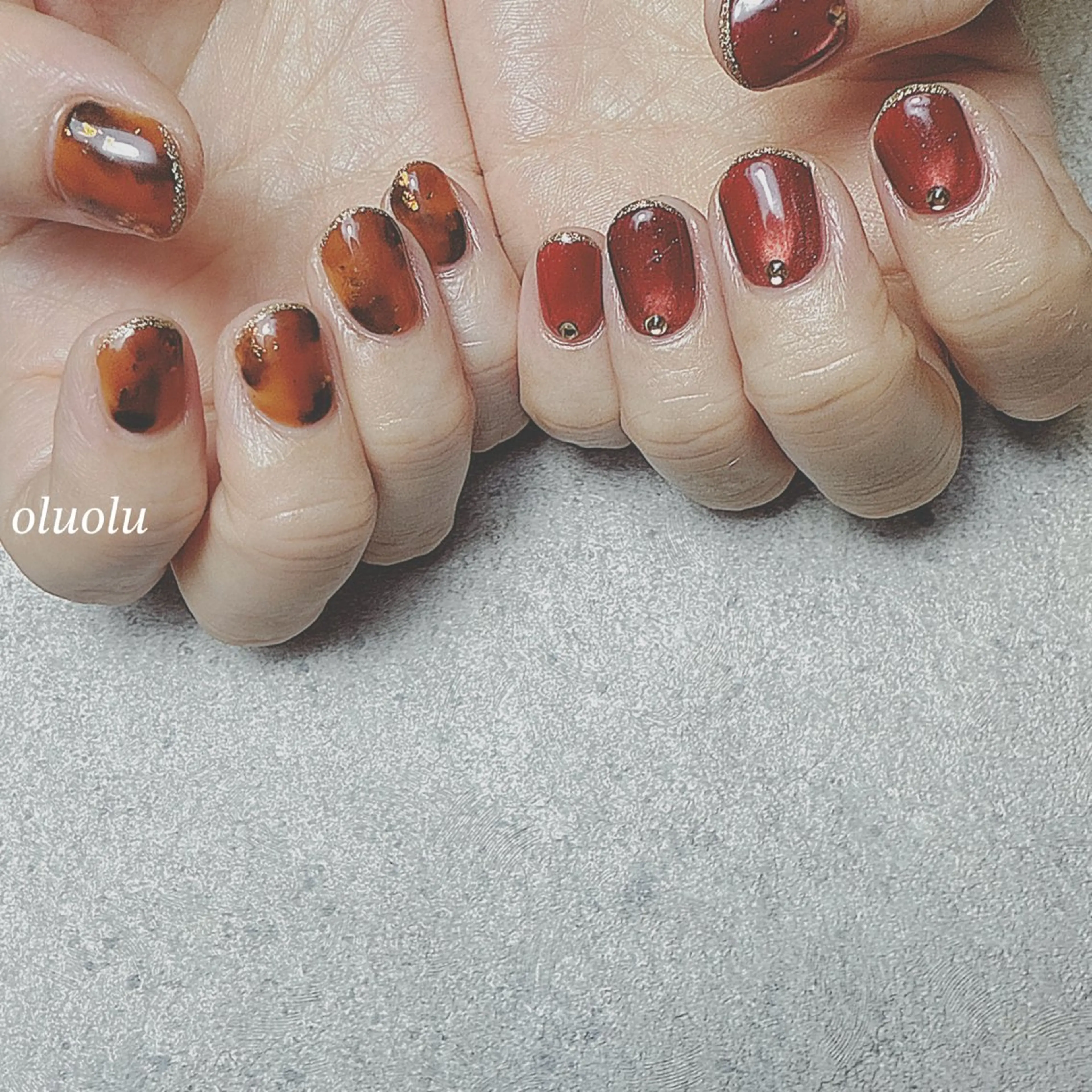 ネイル アートネイル べっ甲ネイル ボルドー フットネイル マグネットネイル ハンドネイル 大村 紬華のネイルデザイン