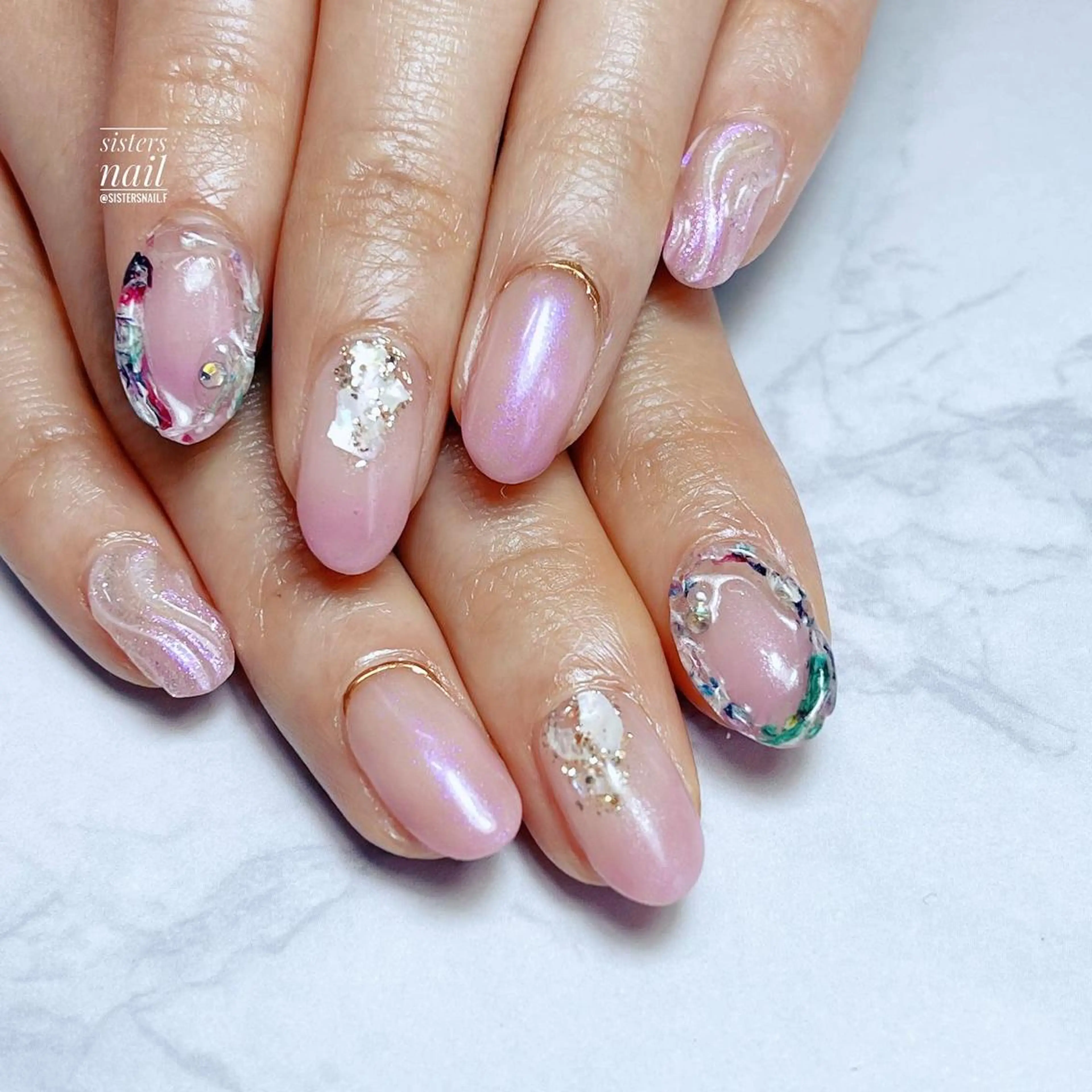 ネイル アートネイル ブルー フラワーネイル ジェルネイル ピンク sisters nail.fのネイルデザイン