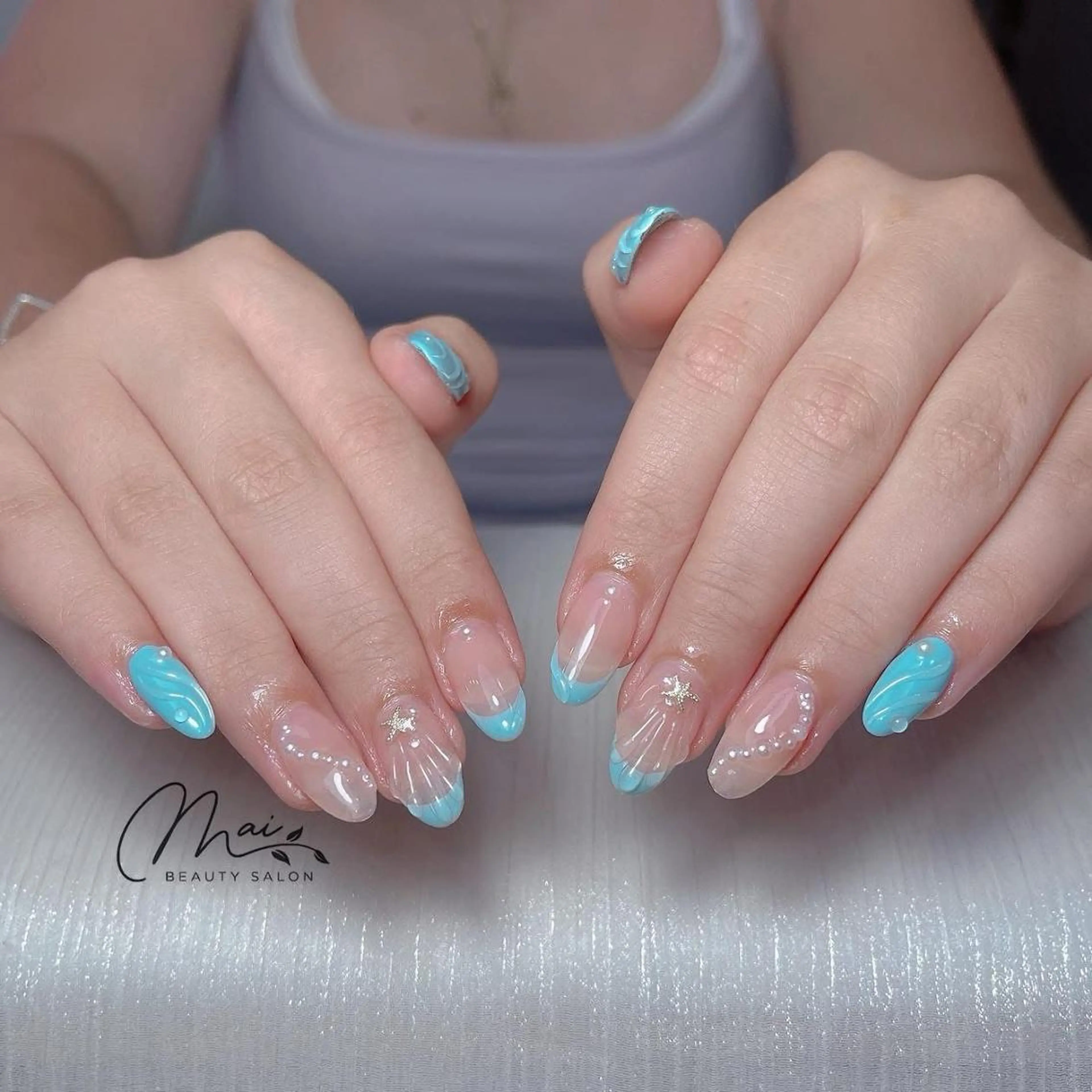 ネイル オーロラネイル チークネイル 長さ出し フラッシュネイル フットネイル MaiBeauty HaNaのネイルデザイン