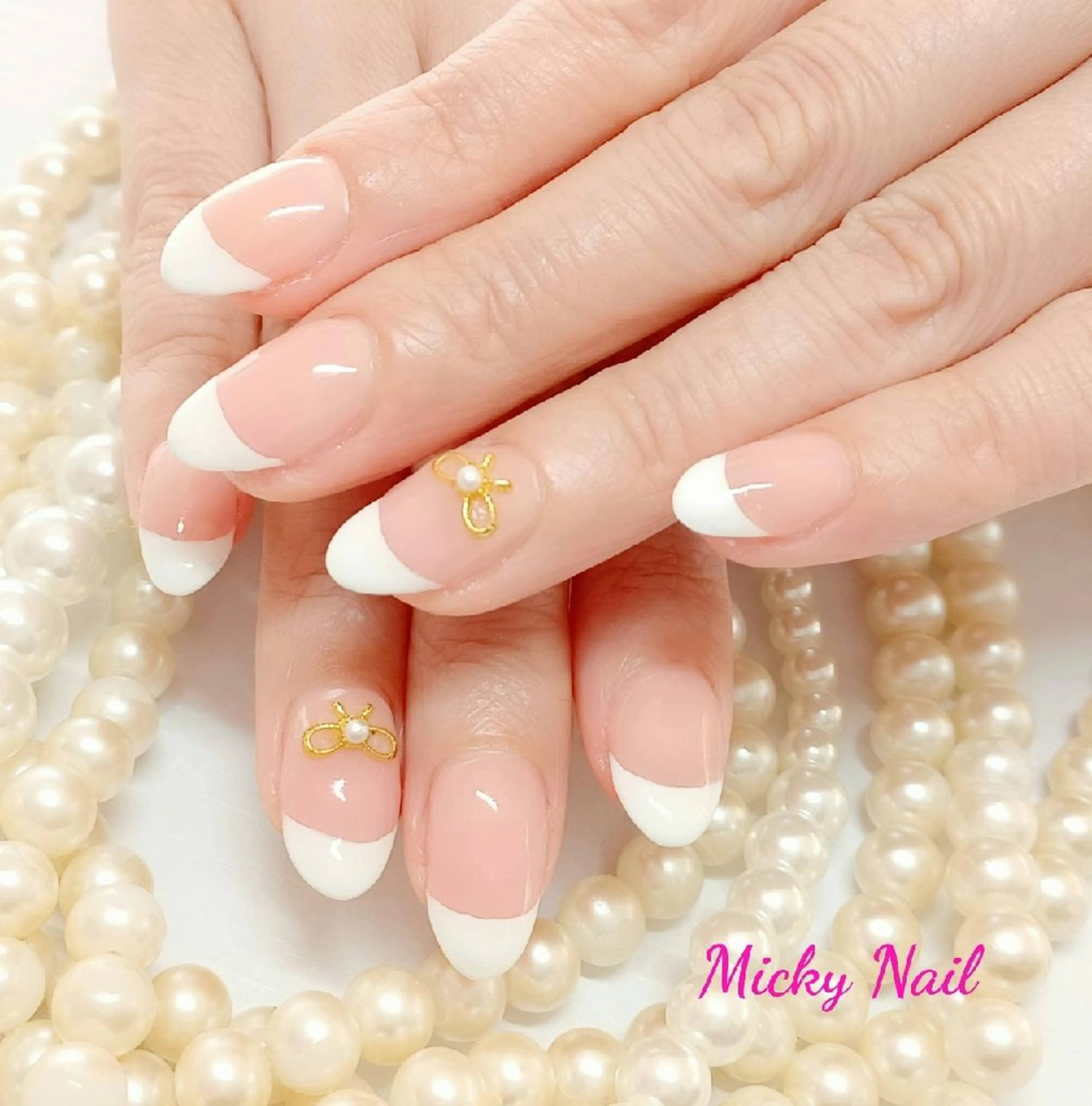 ネイル フレンチネイル ピンク リボン Micky nail chikushinoのネイルデザイン