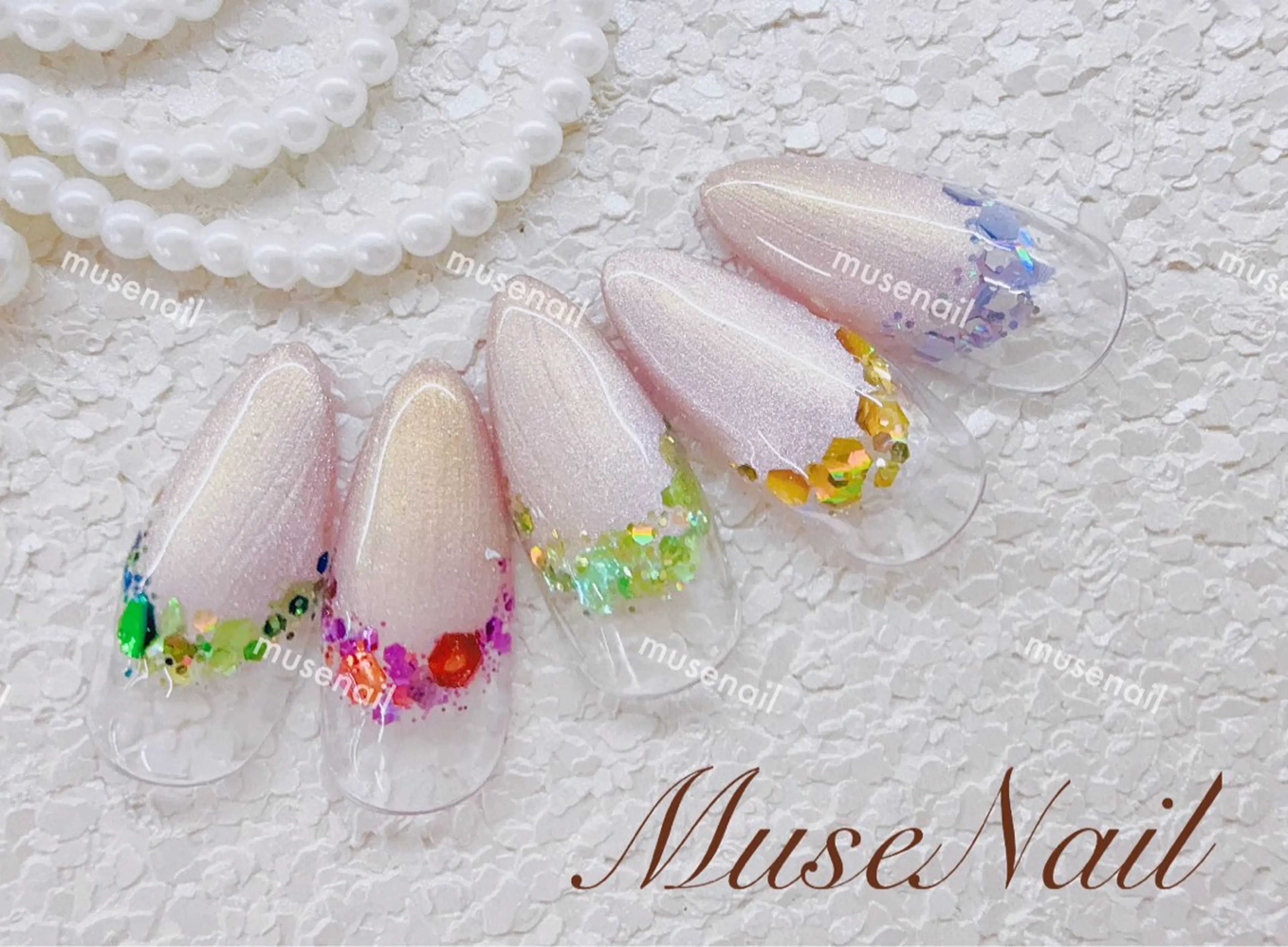 ネイル オーロラネイル 長さ出し フットネイル ジェルネイル 韓国ネイル muse nailのネイルデザイン