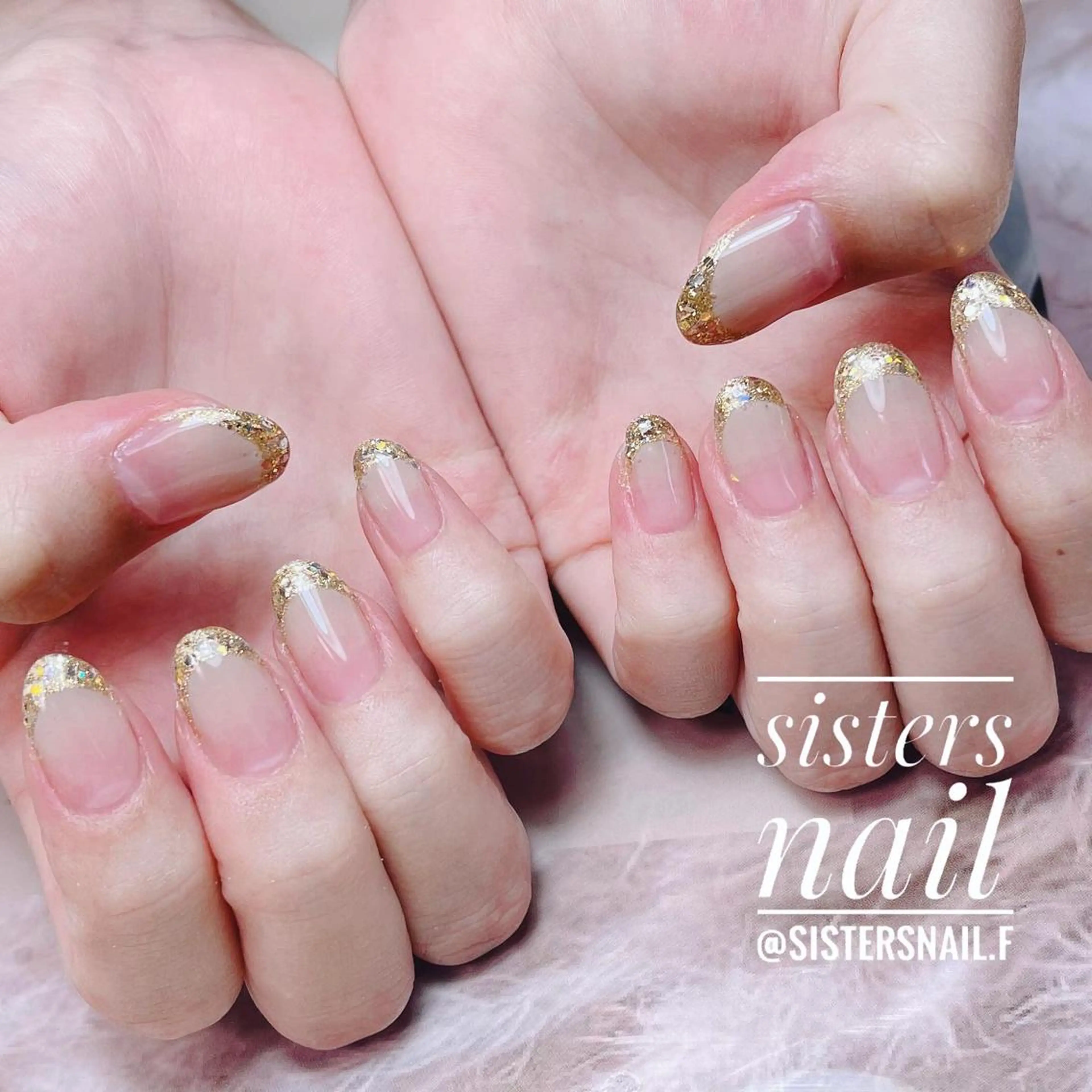 ネイル アートネイル フレンチネイル ガラスフレンチ ゴールド ブライダルネイル sisters nail.fのネイルデザイン
