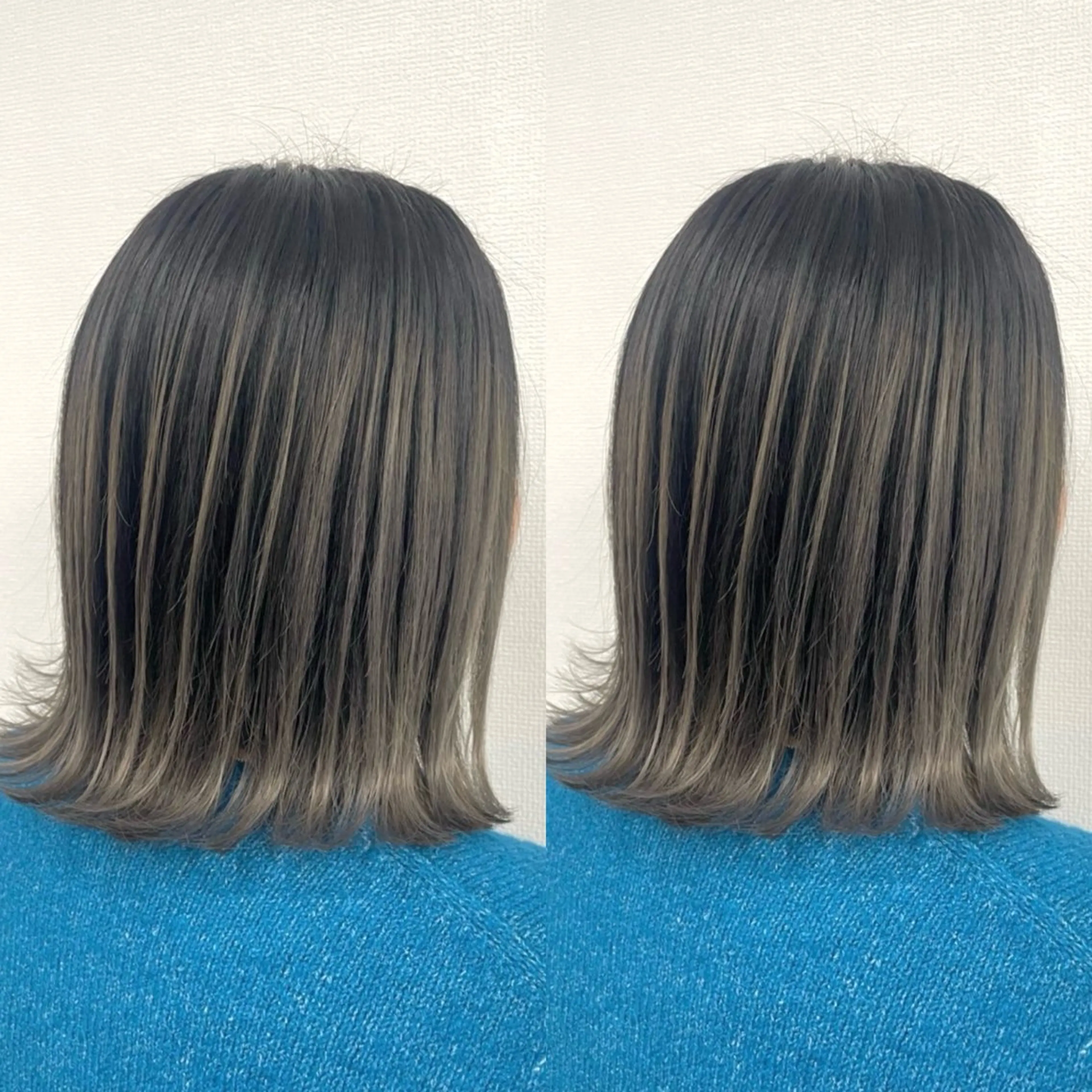 ミディアム カラー バレイヤージュ シルバー ボブ レイヤーカット 外ハネヘア ブリーチ無しダブル カラー🦕まどかのヘアスタイル