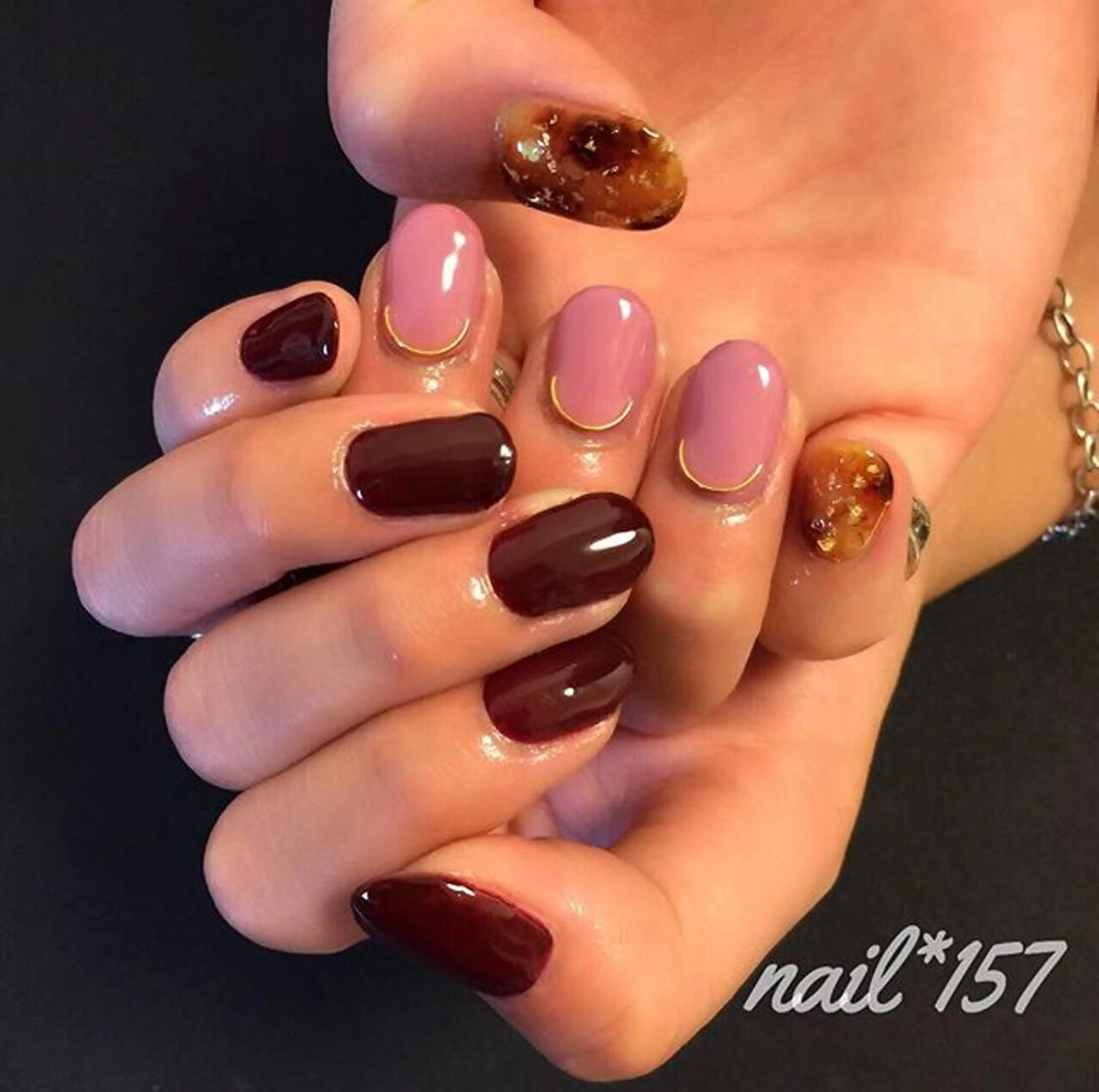 ネイル べっ甲ネイル ボルドー ピンク nail*157 .のネイルデザイン
