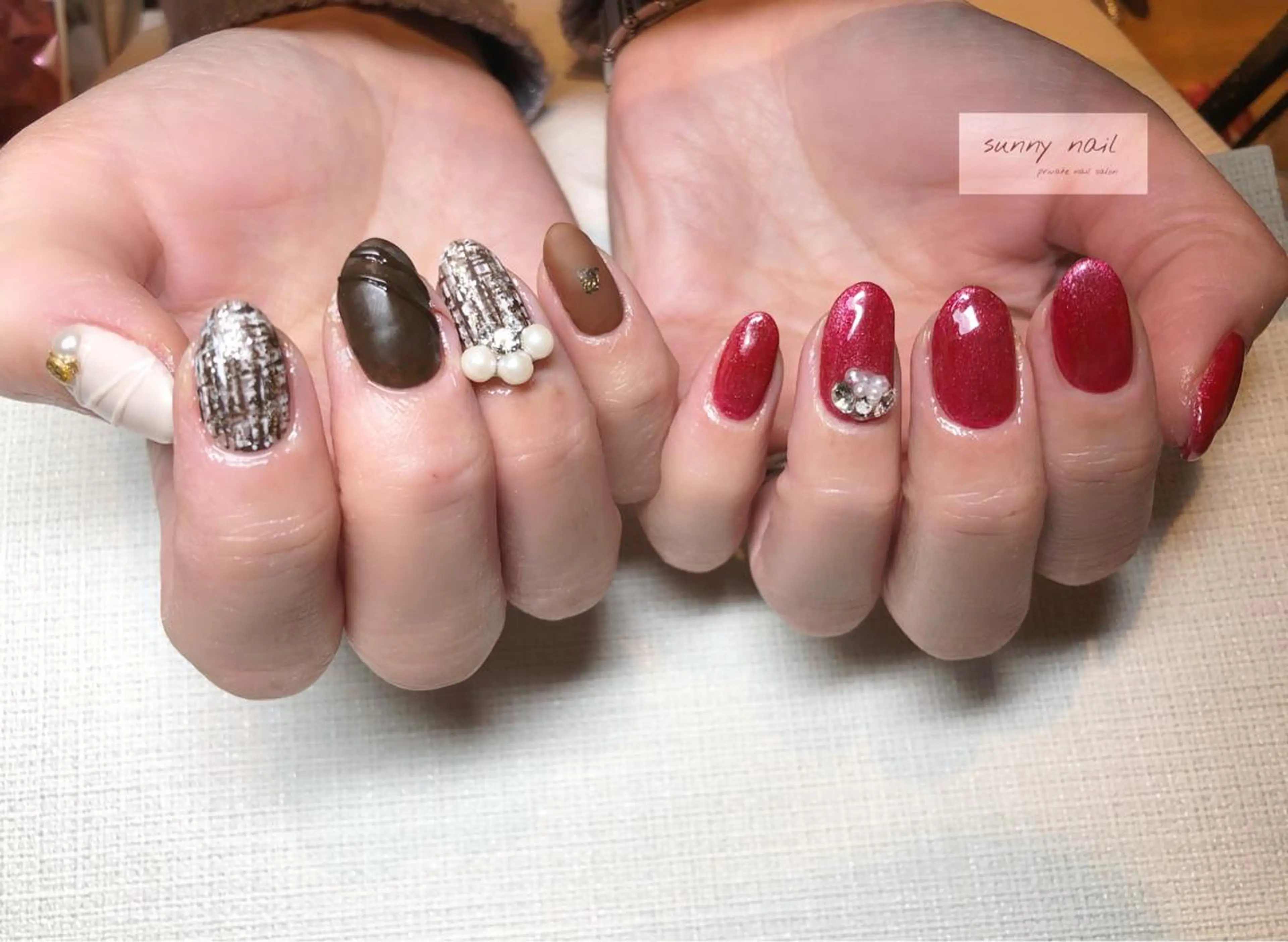 ネイル ボルドー ブラウン カジュアル ジェルネイル マグネットネイル sunny nailのネイルデザイン