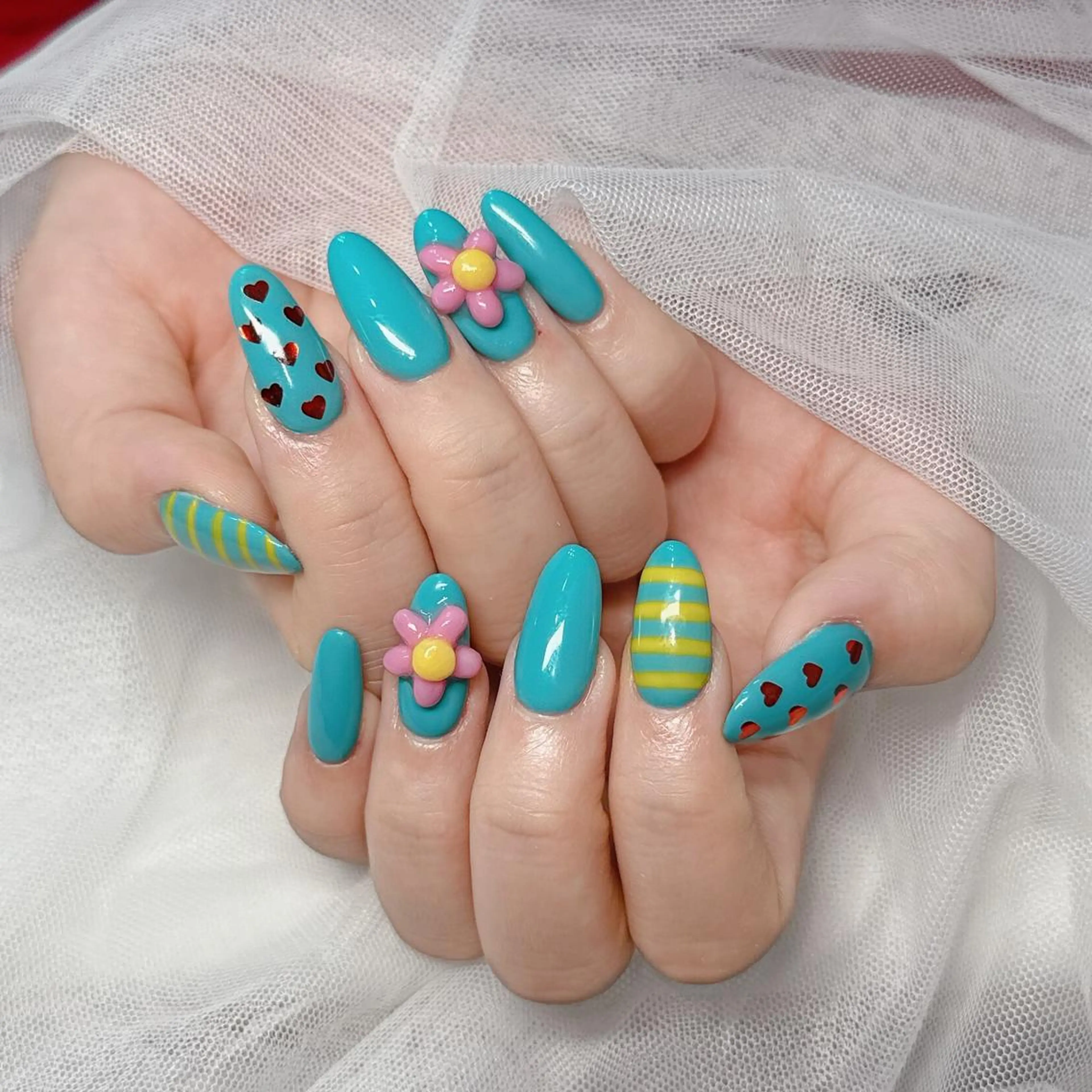 ロング カラー ベージュカラー グラデーションカラー ピンクカラー 韓国風ヘア ハンドネイル 波 なみのネイルデザイン