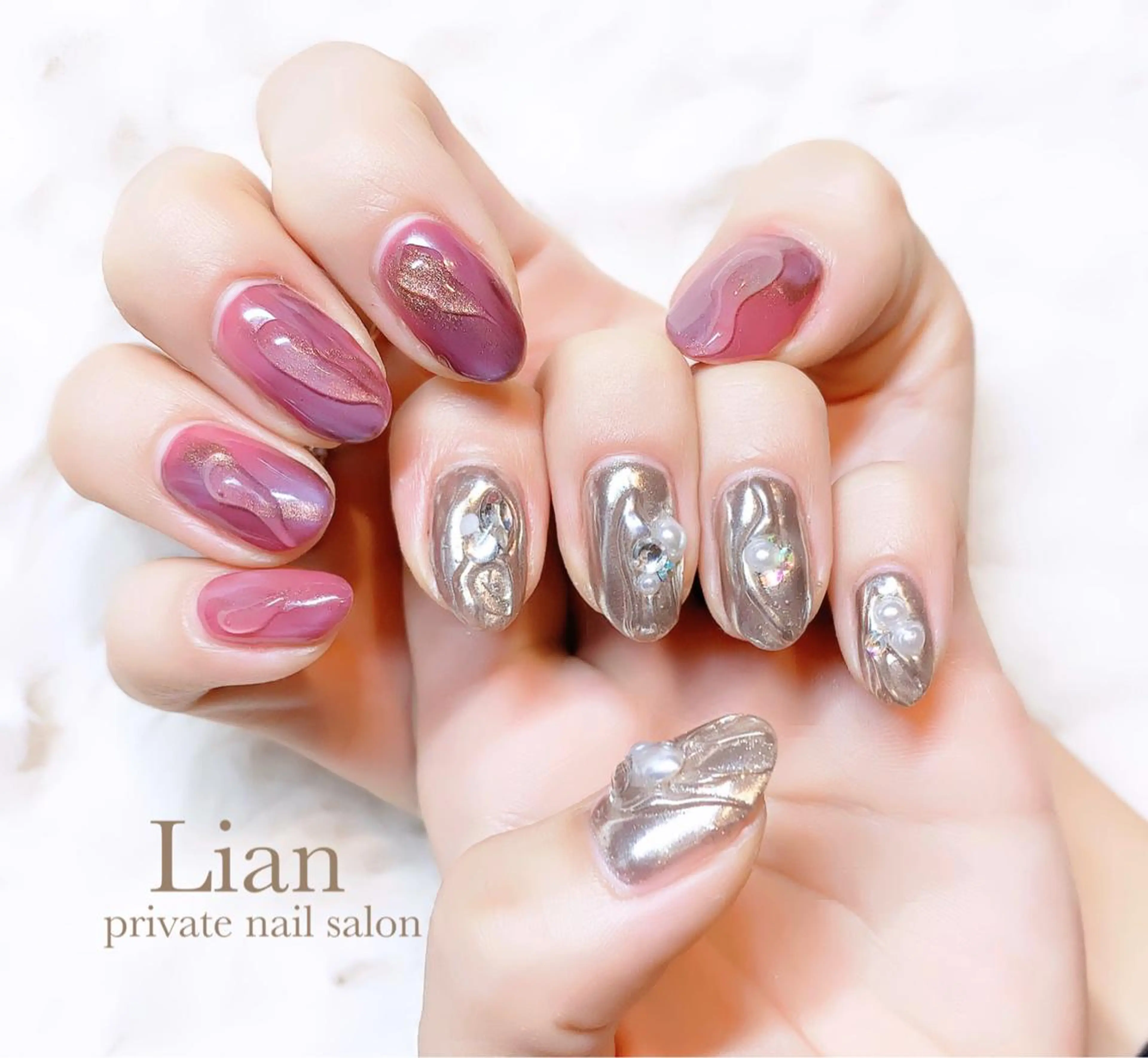 ネイル キラキラネイル ミラーネイル ニュアンスネイル ピンク パープル nailsalon Lenoaのネイルデザイン