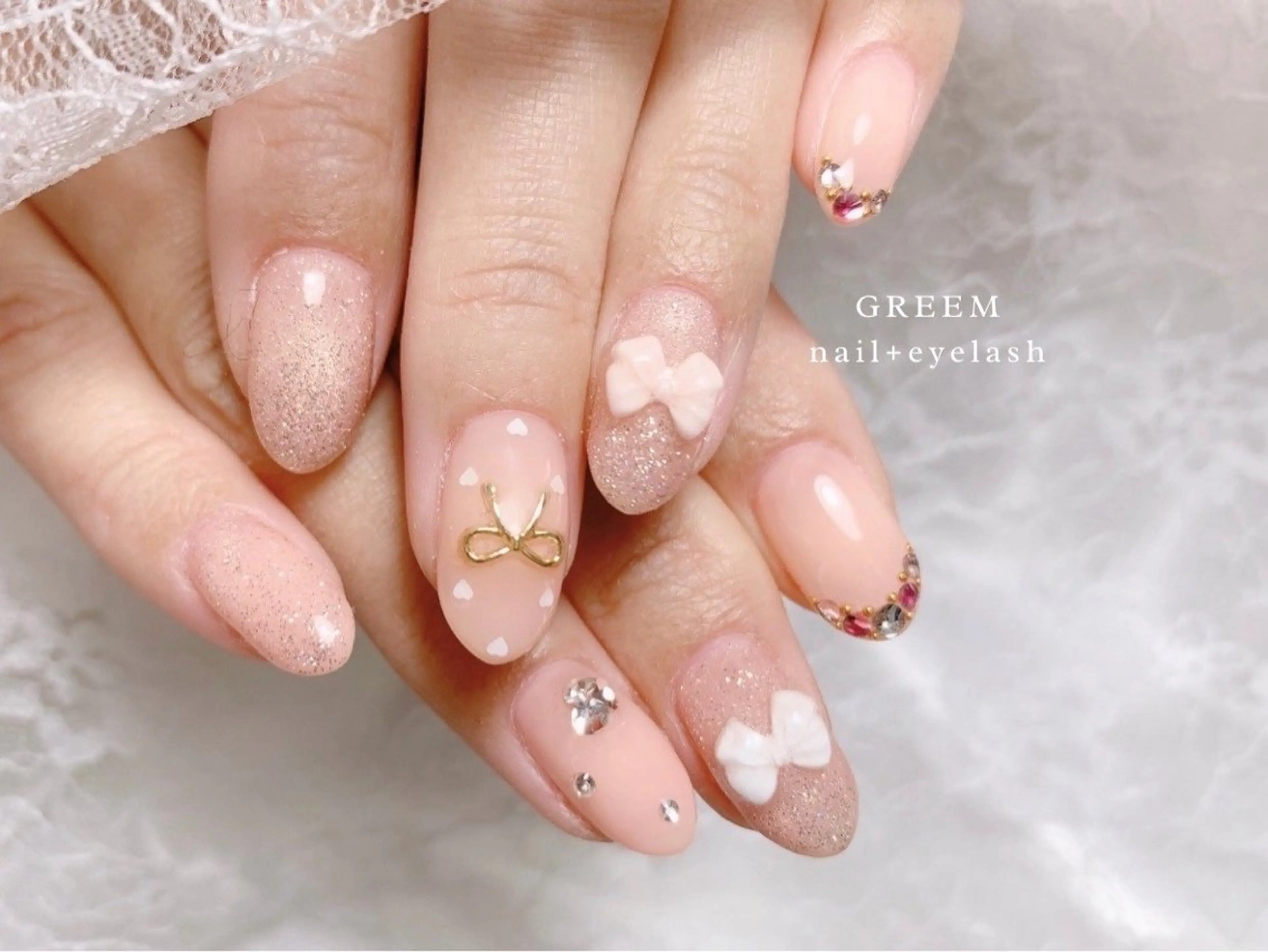 ネイル ガーリー リボン ハンドネイル GREEM グリームのネイルデザイン