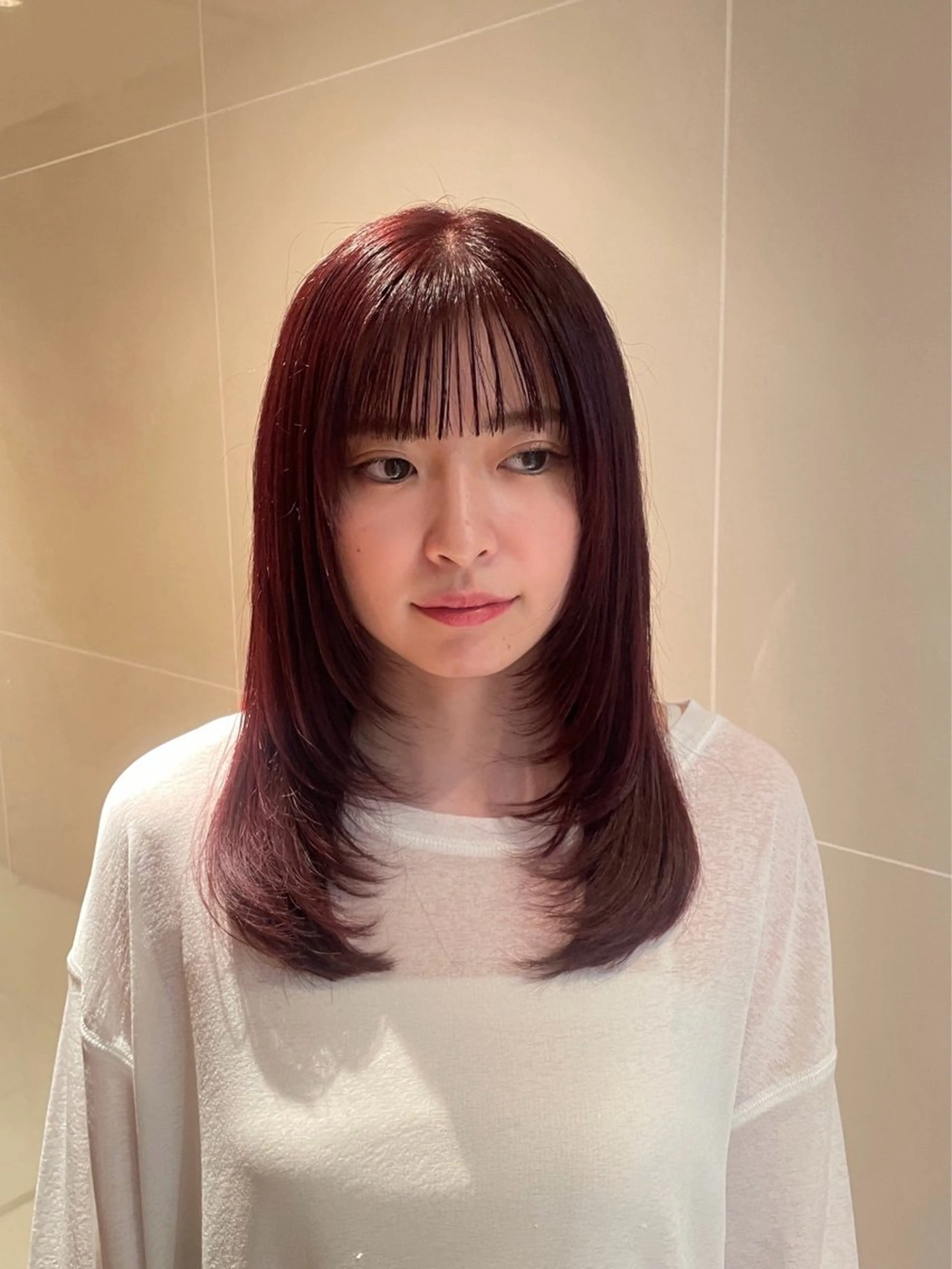 セミロング カラー カシス レッドカラー レイヤーカット カット ヘアカラー トリートメント 縮毛矯正/レイヤー /ひかるのヘアスタイル