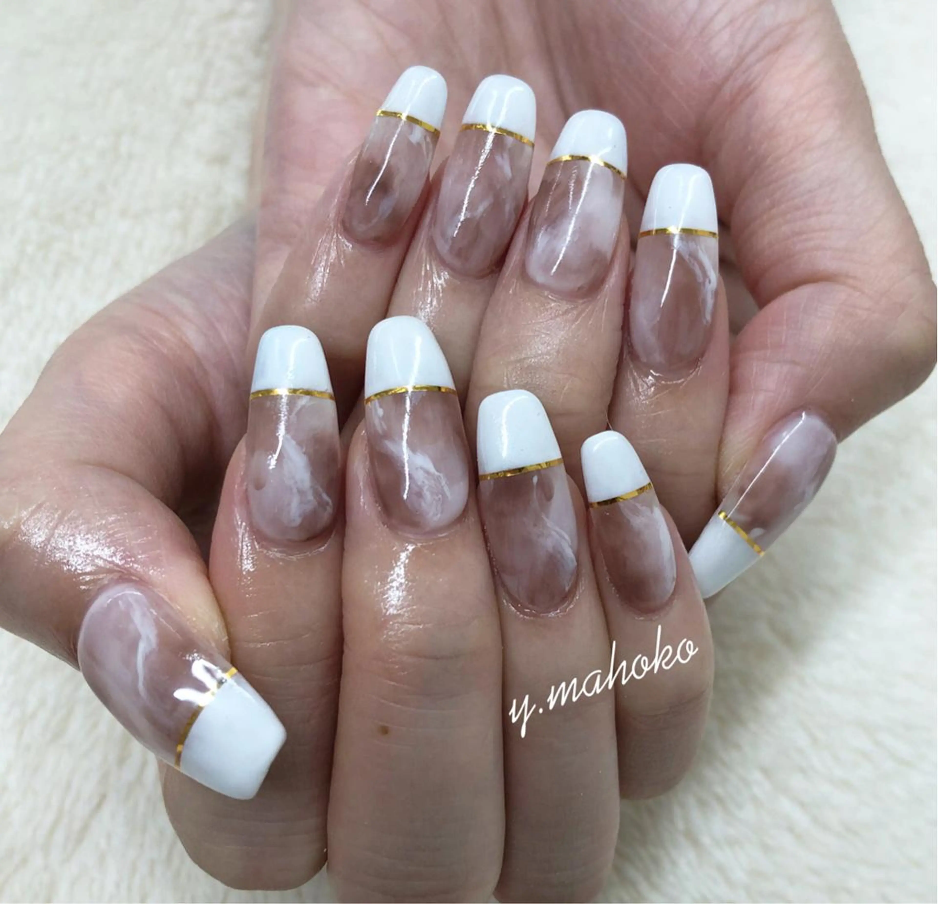 ネイル フレンチネイル 大理石ネイル(マーブル) ハンドネイル She nail studio 原宿所属・パラジェル有/ スカルプ/mahoのネイルデザイン