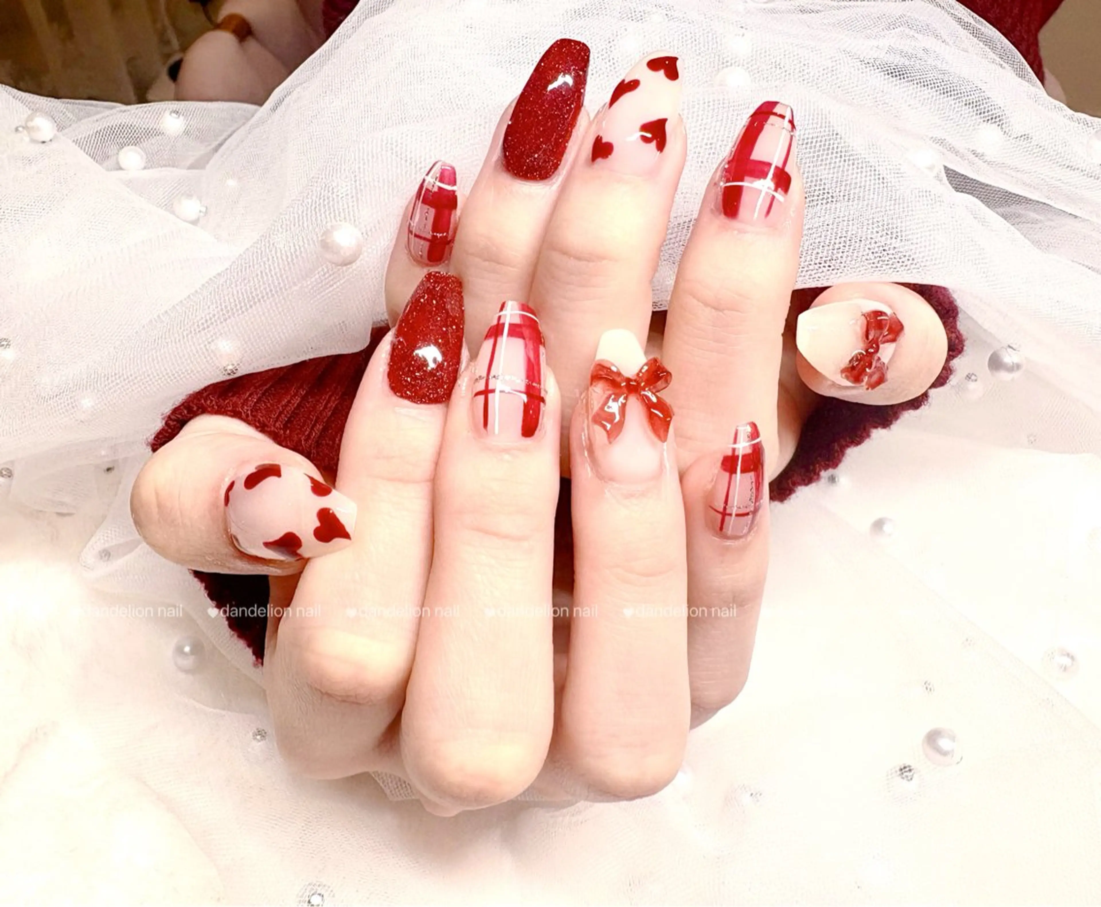 ネイル ジェルネイル ハート パラジェル リボン ワンホンネイル ハンドネイル dandelion nail北千住のネイルデザイン